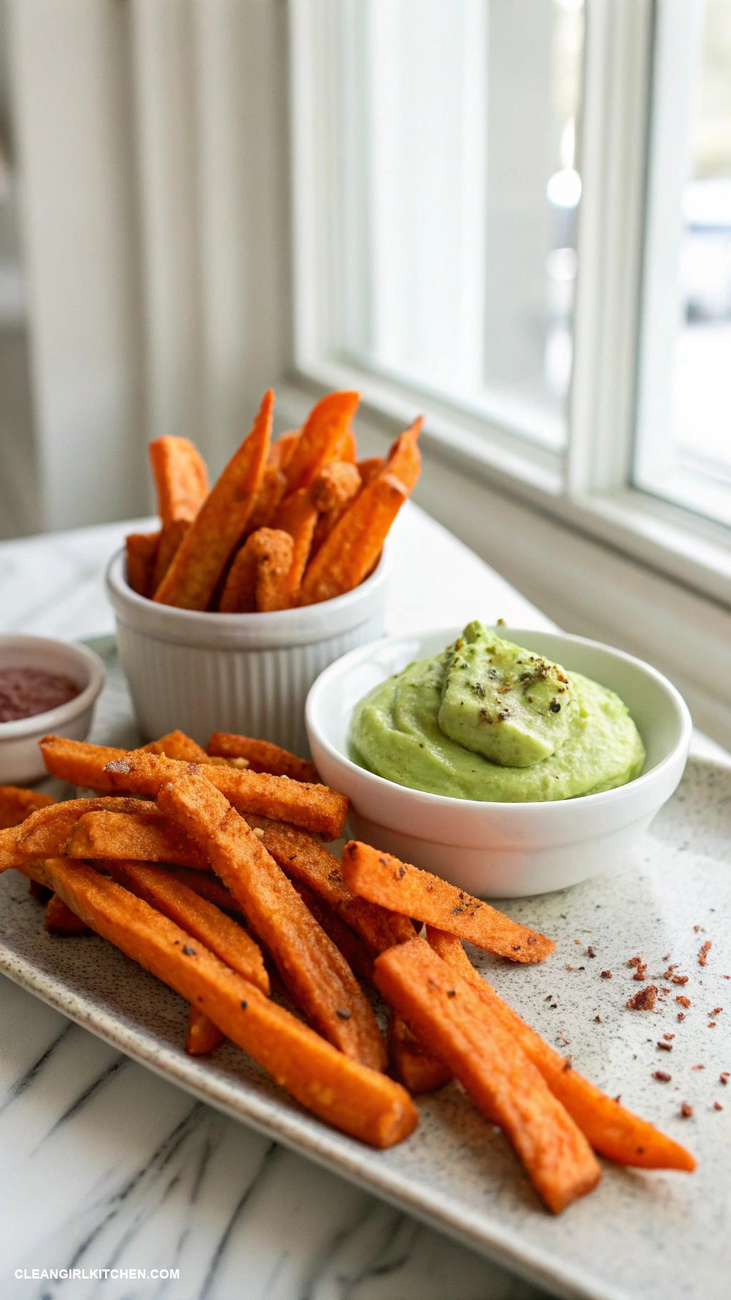 healthy sweet potato recipes Baked Sweet Potato Fries with Avocado Dipping Sauce