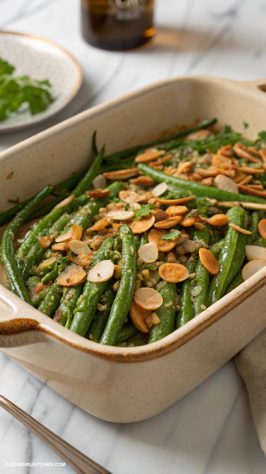 healthy thanksgiving recipes Green Bean Casserole with Almonds and Garlic