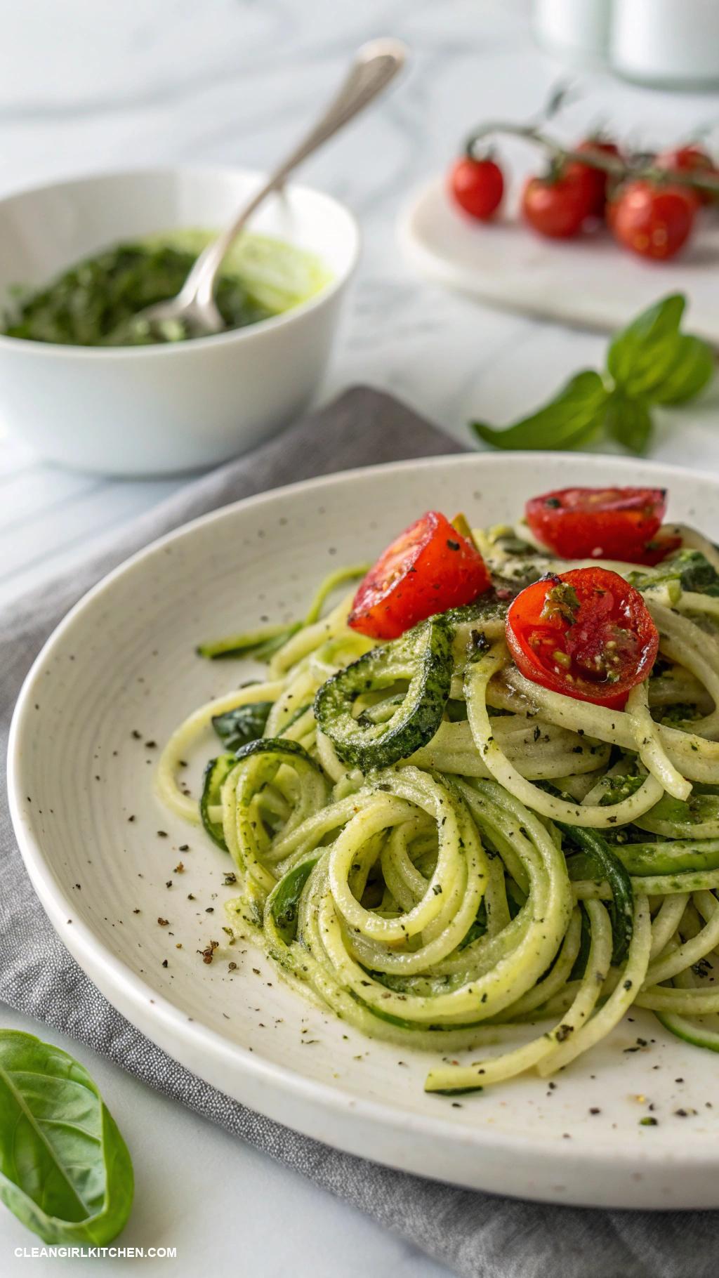 healthy thanksgiving recipes Zucchini Noodles with Pesto and Cherry Tomatoes