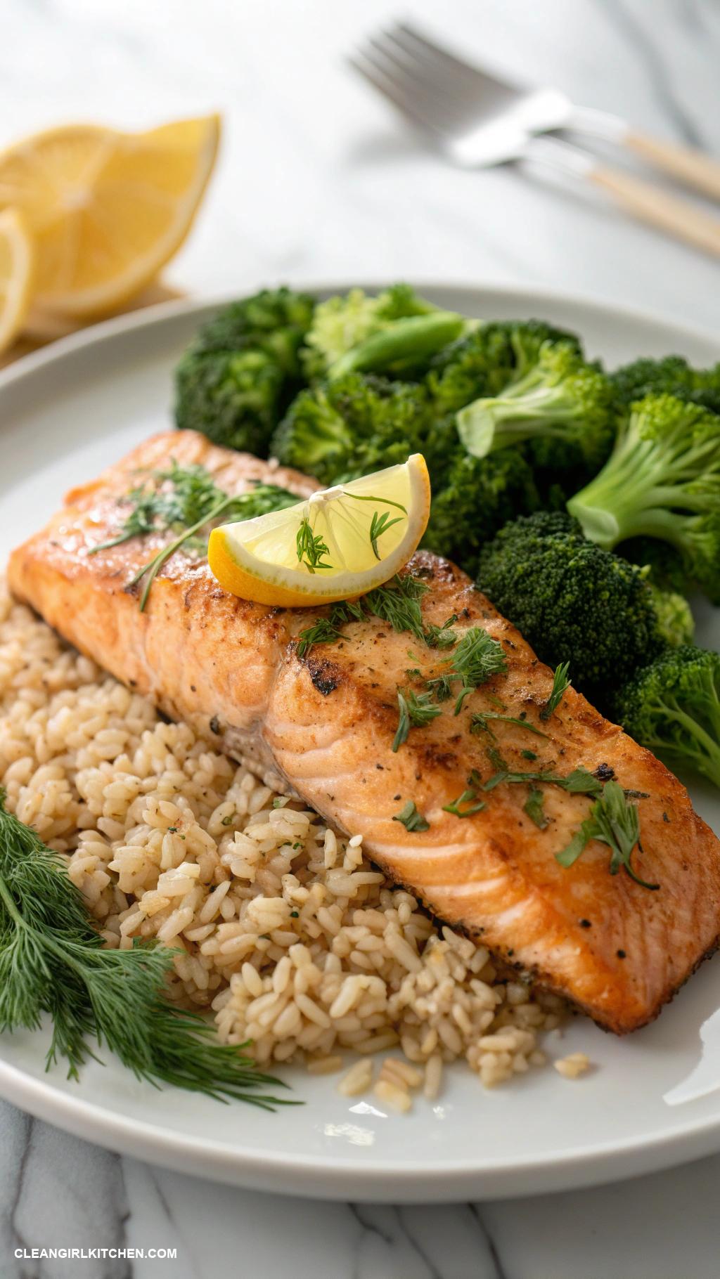 healthy weight loss recipes Baked Salmon with Broccoli and Brown Rice