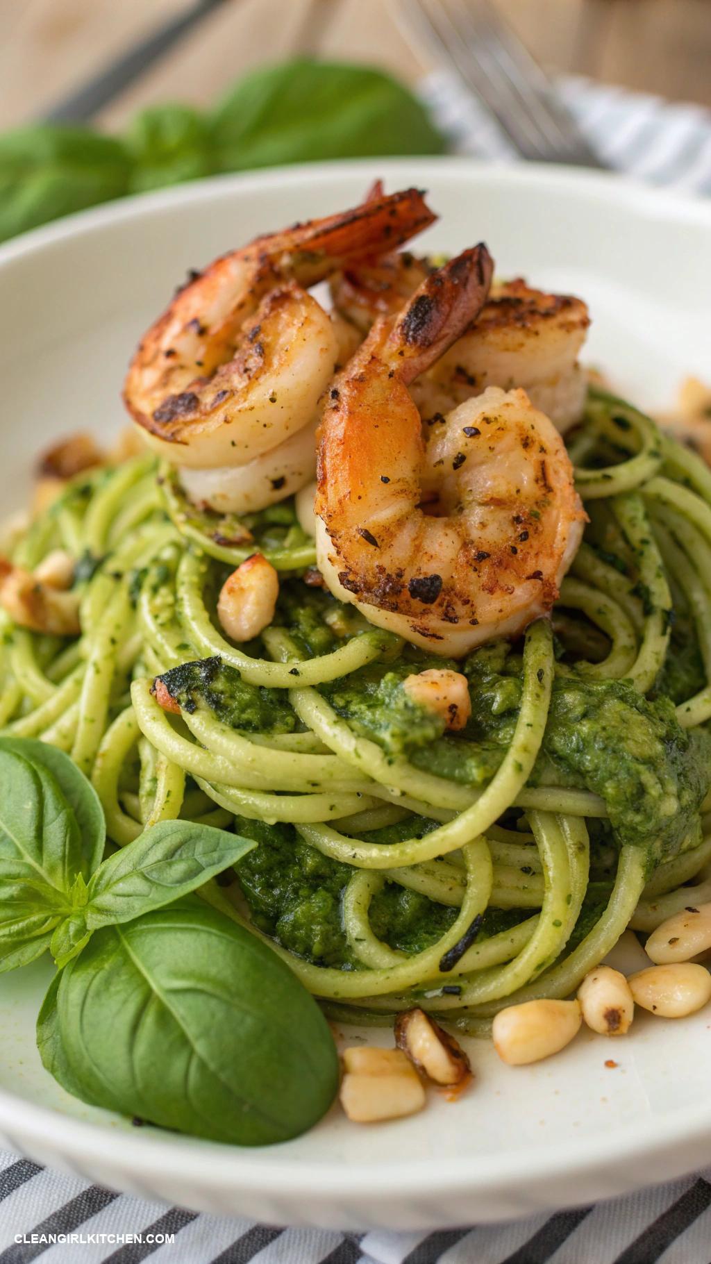 healthy weight loss recipes Zucchini Noodles with Pesto and Grilled Shrimp
