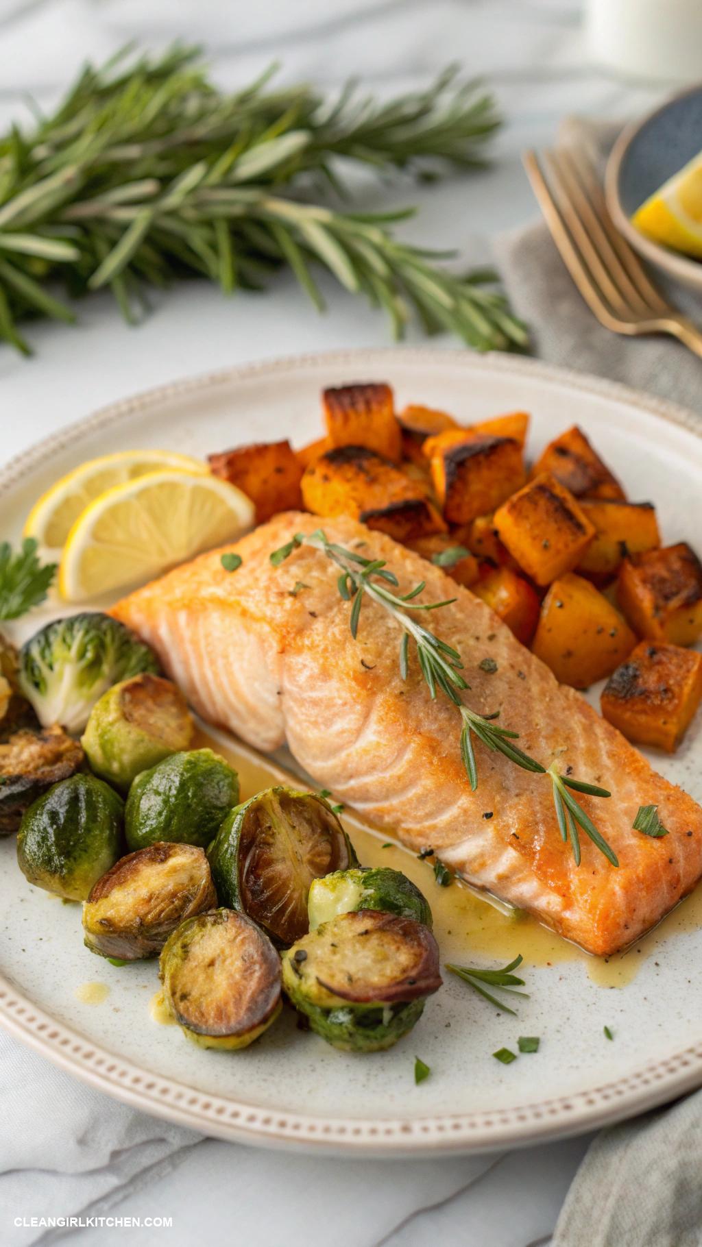 healthy winter dinners Baked Salmon with Roasted Brussels Sprouts and Sweet Potatoes