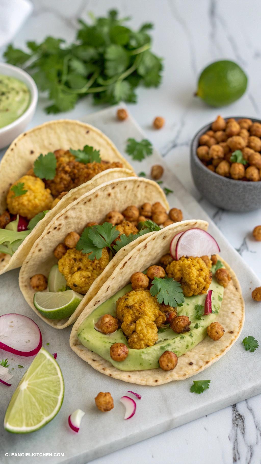 healthy winter dinners Roasted Cauliflower and Chickpea Tacos with Avocado Lime Sauce