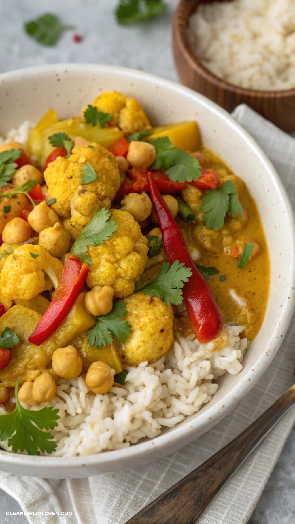 healthy winter dinners Vegetable Curry with Chickpeas and Cauliflower served over Brown Rice