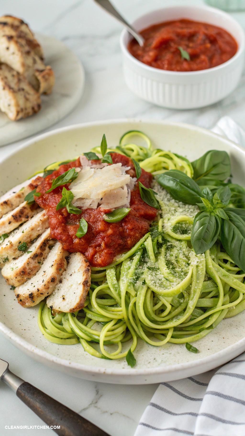 healthy winter dinners Zucchini Noodles with Homemade Tomato Basil Sauce and Grilled Chicken