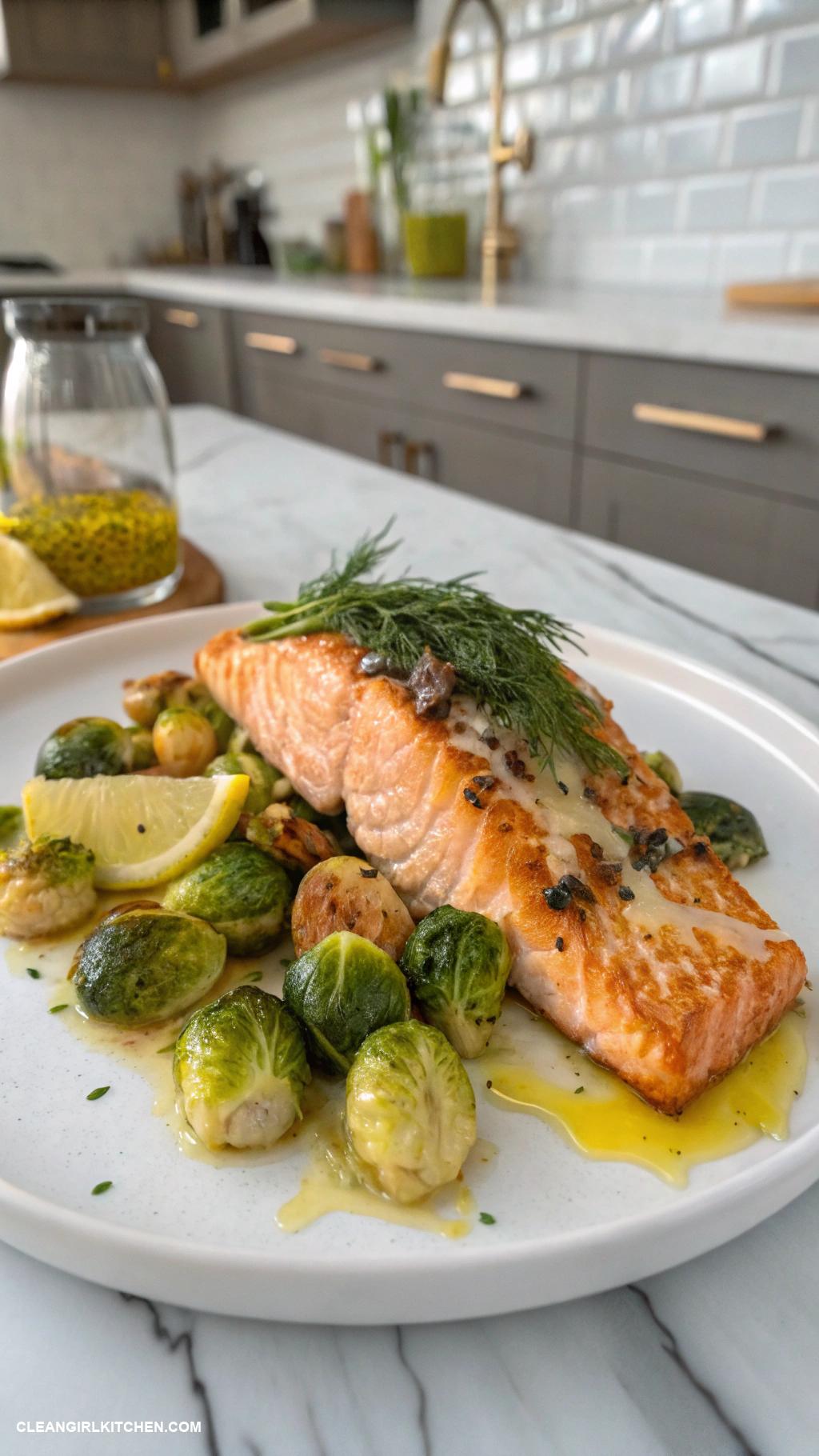 healthy winter meals Baked Salmon with Roasted Brussels Sprouts