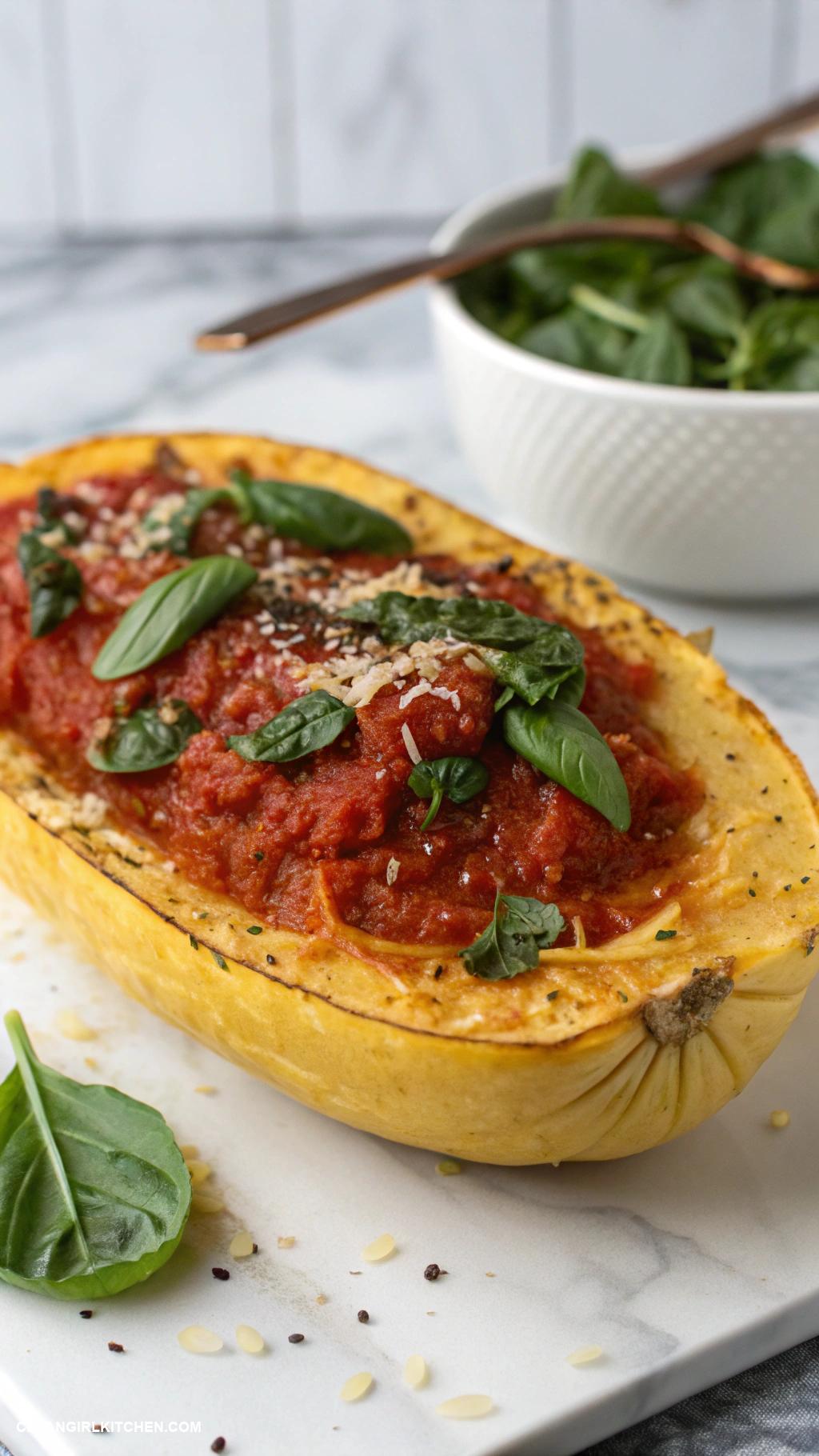 healthy winter meals Spaghetti Squash with Marinara and Spinach