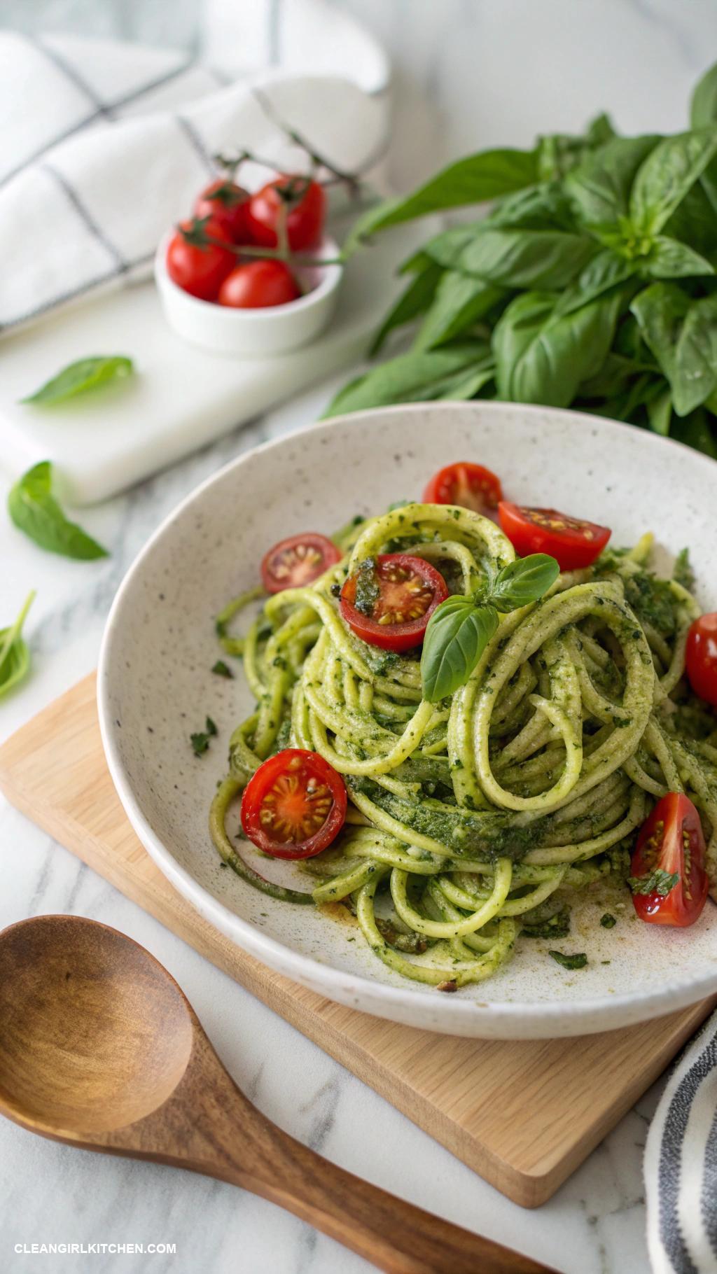 heart healthy recipes Zucchini Noodles with Pesto and Cherry Tomatoes
