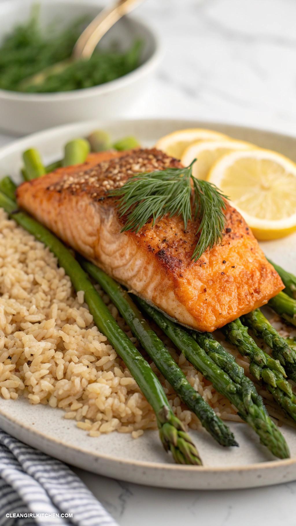lean meals Baked Salmon with Asparagus and Brown Rice