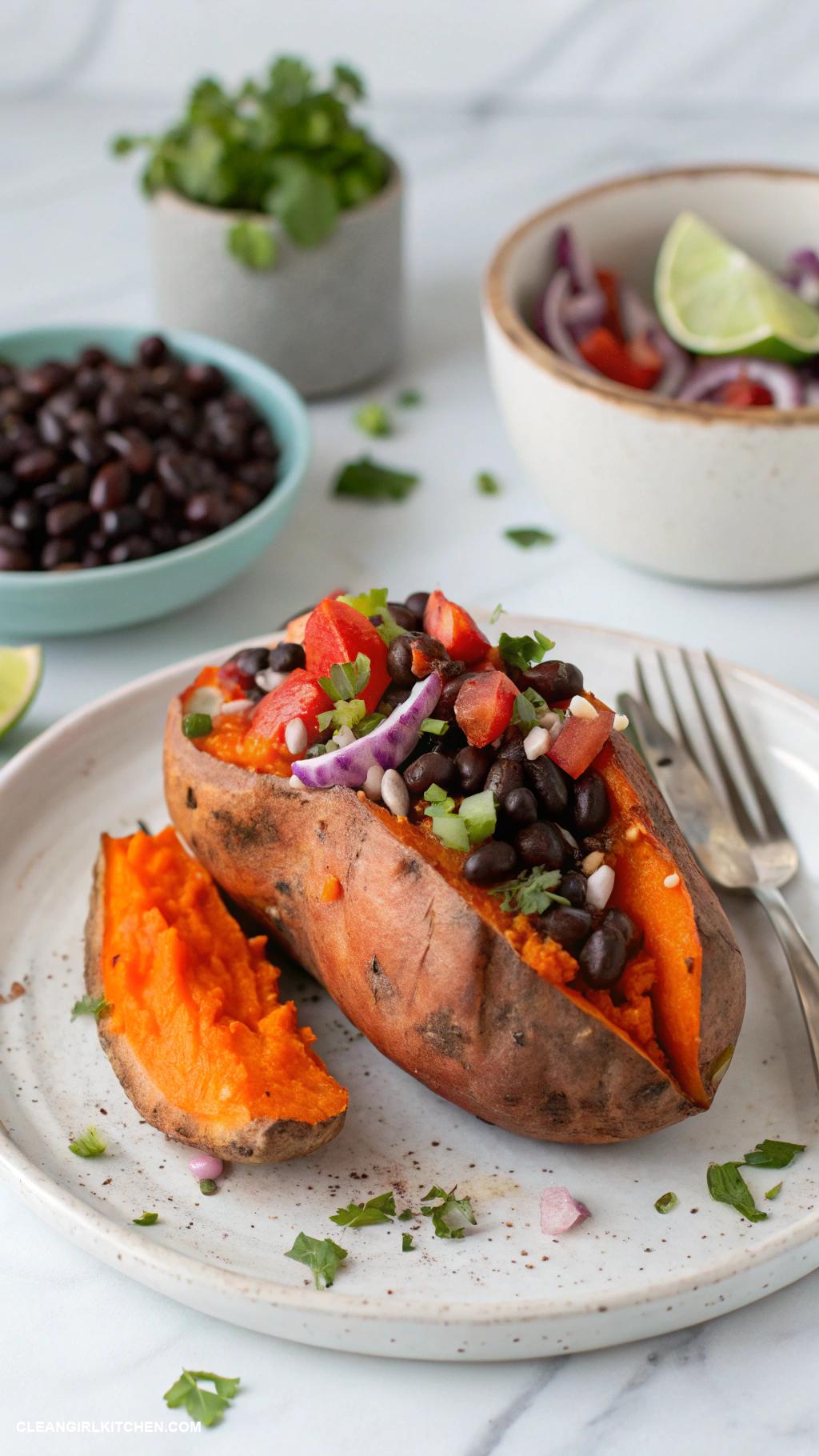 lean meals Baked Sweet Potatoes with Black Beans and Salsa