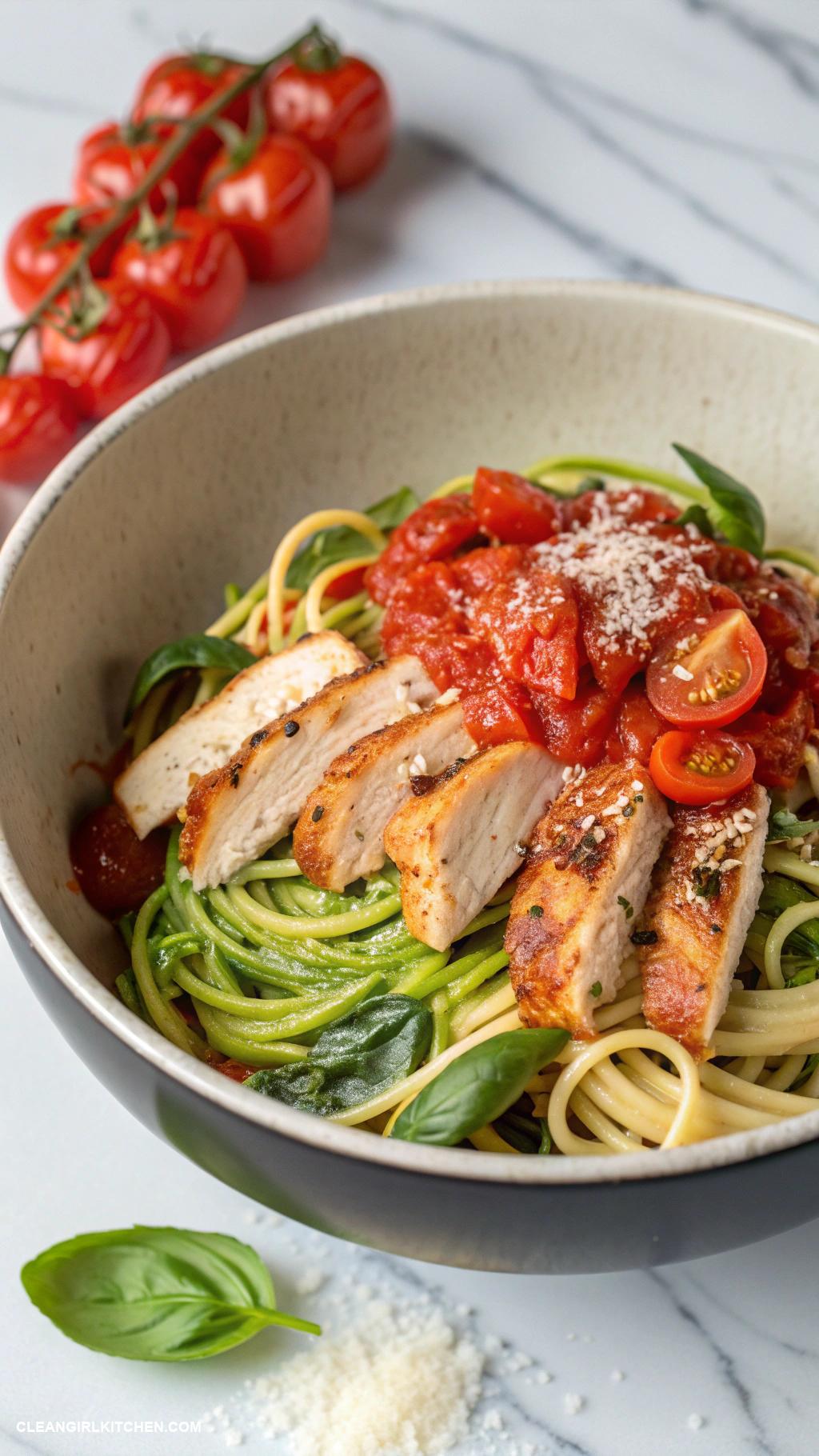 lean meals Zucchini Noodles with Marinara Sauce and Grilled Chicken