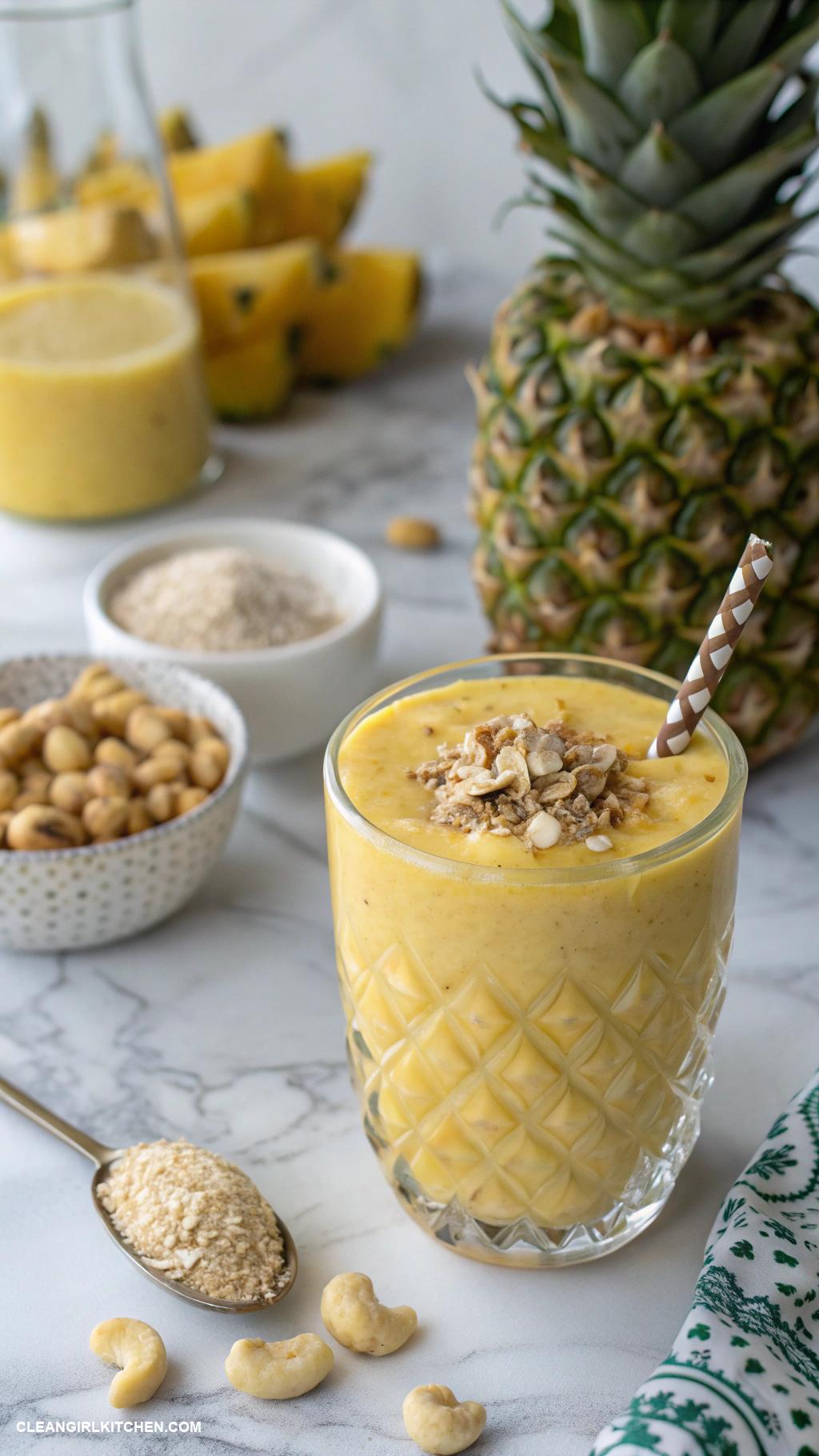 pineapple smoothie recipes Creamy Pineapple Cashew Smoothie Soak cashews then blend with pineapple banana and coconut milk for a rich and creamy option