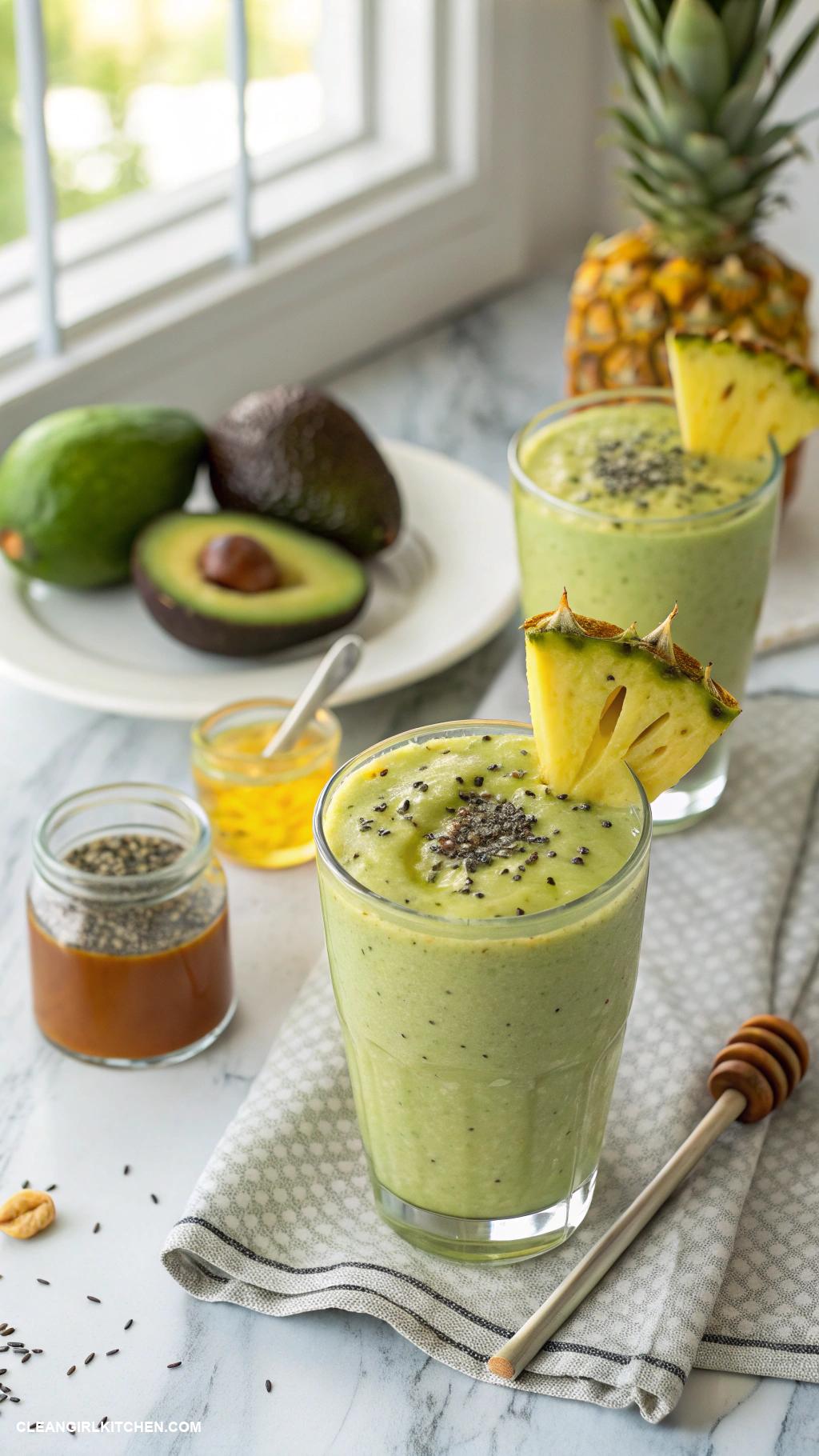pineapple smoothie recipes Pineapple Avocado Smoothie Mix ripe avocado pineapple almond milk and a drizzle of honey for a creamy texture and healthy fats