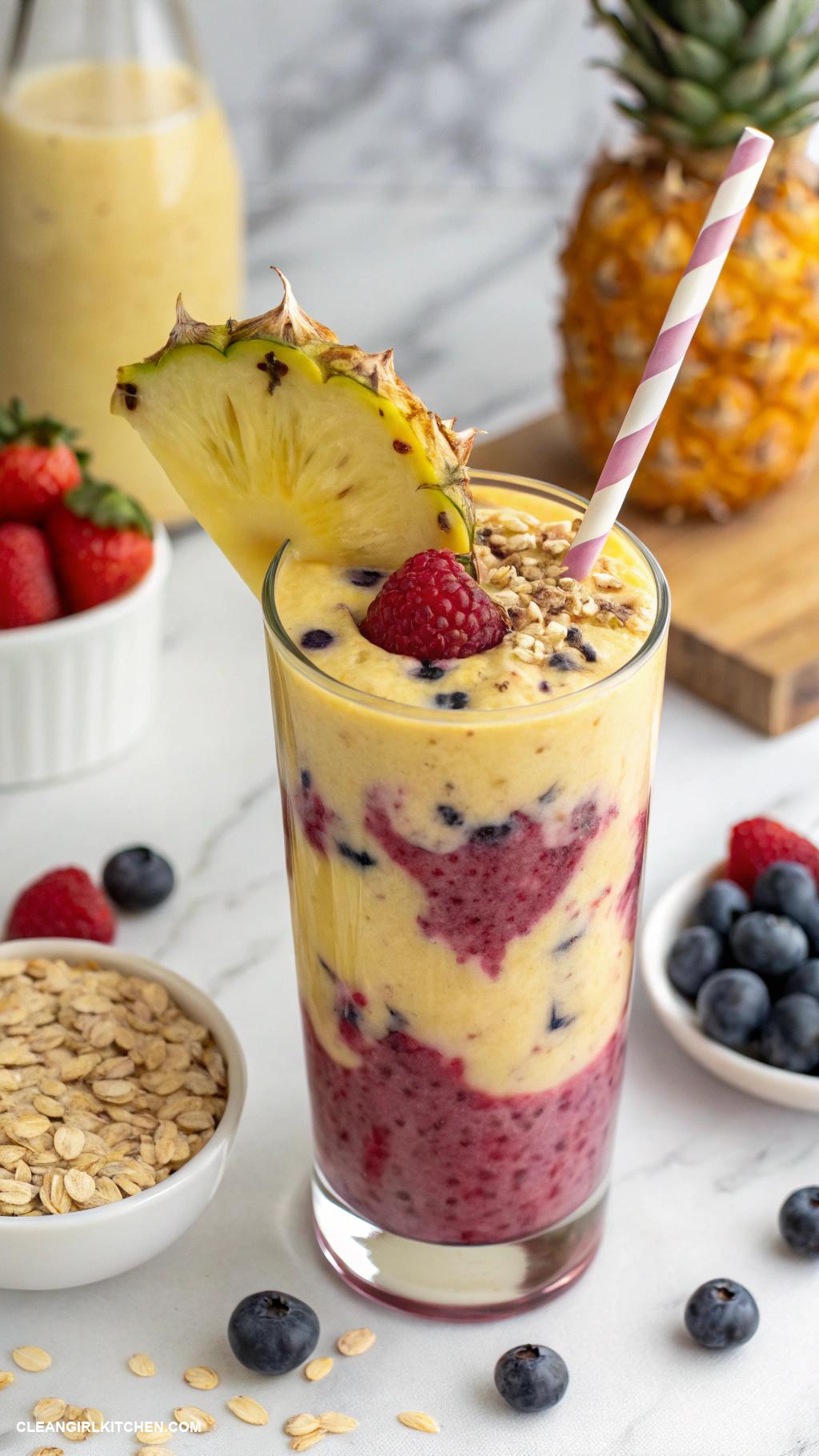 pineapple smoothie recipes Pineapple Berry Blast Combine pineapple mixed berries almond milk and a handful of oats for a nutritious breakfast smoothie