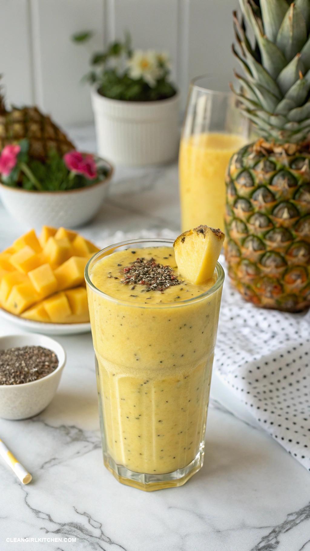 pineapple smoothie recipes Pineapple Chia Seed Smoothie Mix pineapple almond milk and chia seeds for a fiber rich satisfying smoothie