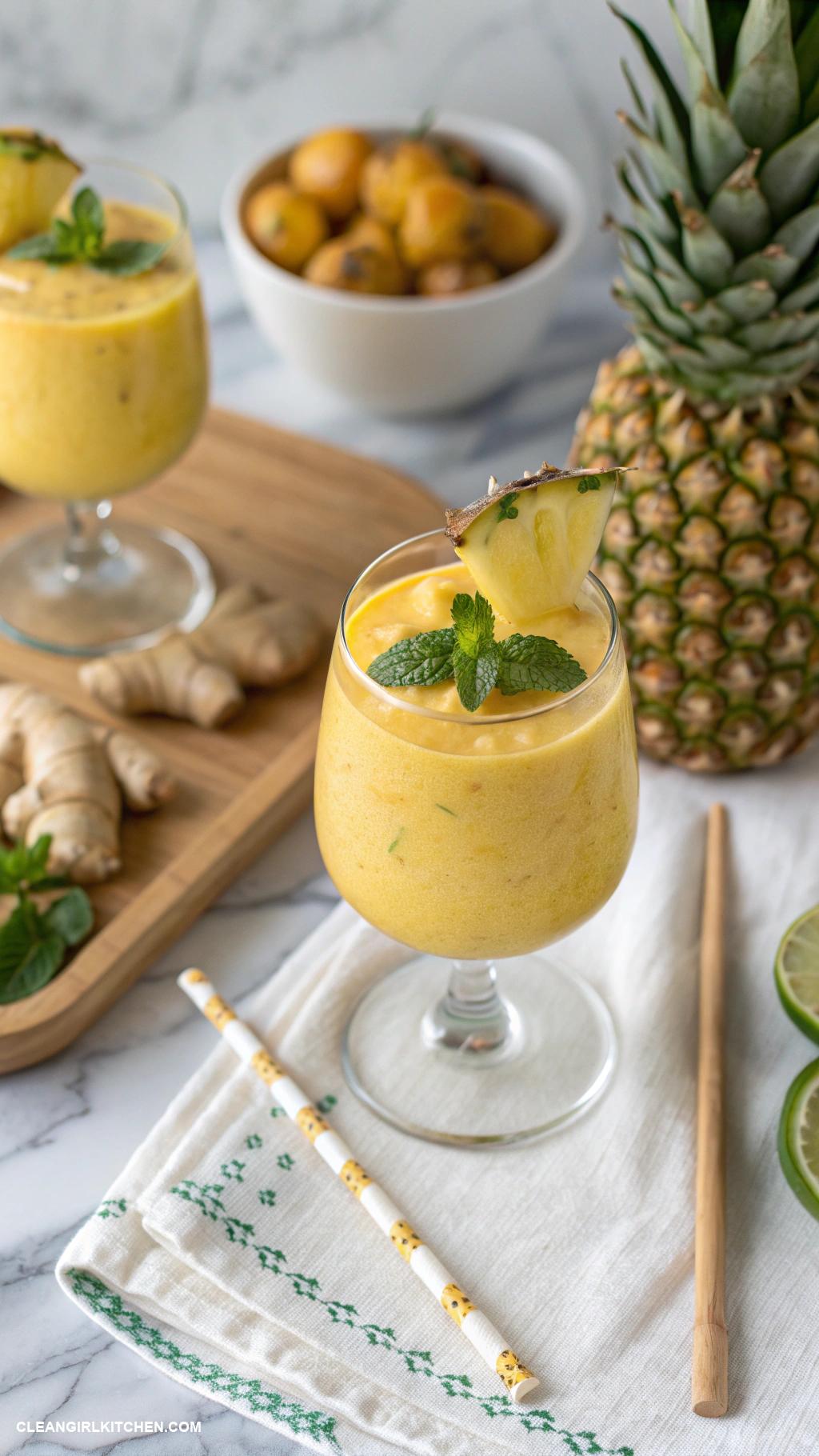pineapple smoothie recipes Pineapple Ginger Zing Blend pineapple ginger root carrot juice and a squeeze of lime for a zesty and energizing drink