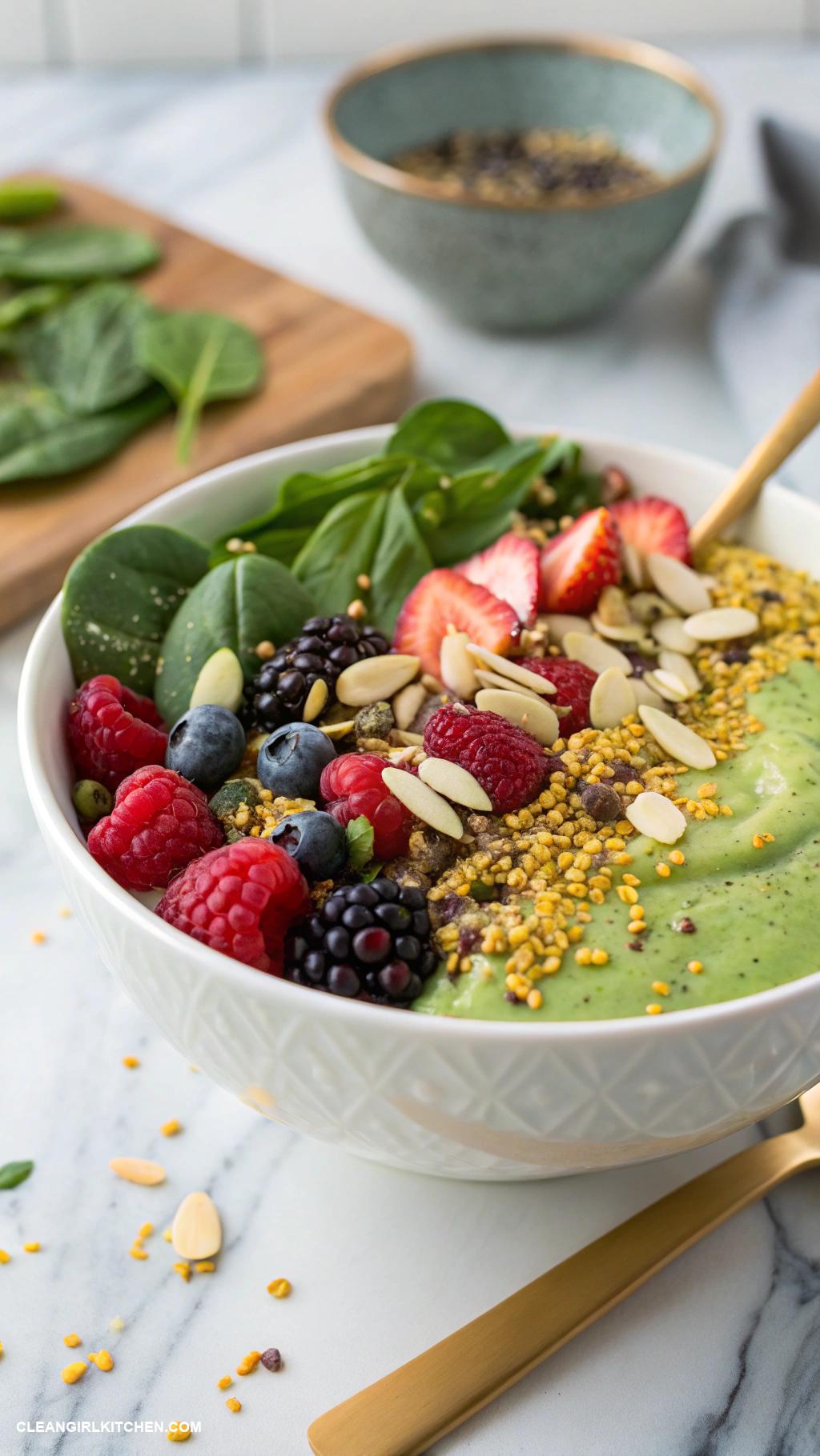 smoothie bowl ideas Avocado Berry Delight Blend avocado spinach mixed berries and almond milk topped with bee pollen and sliced almonds