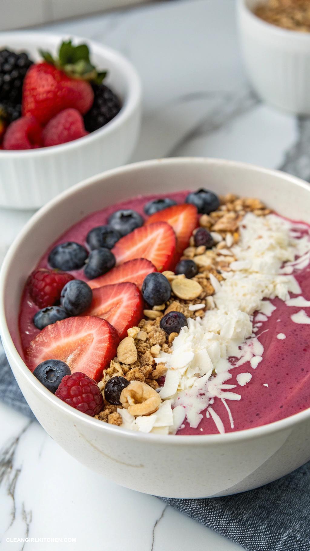 smoothie bowl ideas Berry Banana Bliss Blend bananas mixed berries almond milk and top with granola coconut flakes and fresh berries