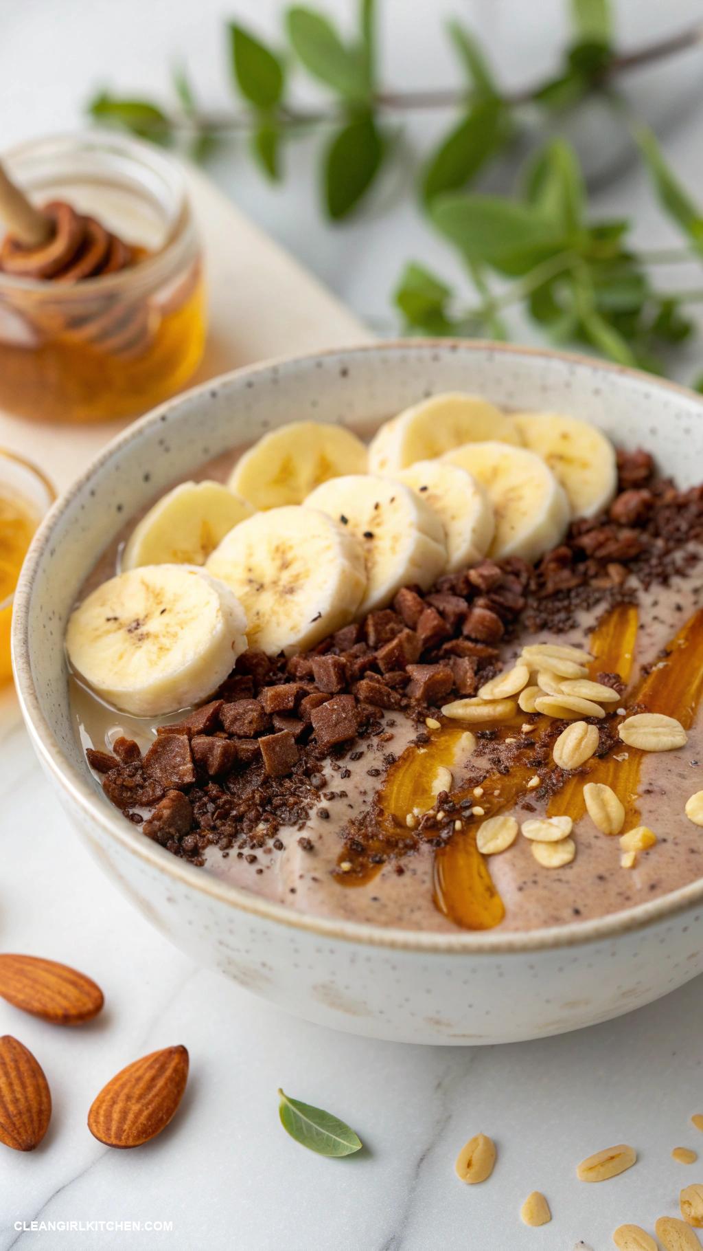 smoothie bowl ideas Cacao Nib Nutty Bowl Blend banana almond milk and cacao nibs topped with sliced bananas almonds and a drizzle of honey