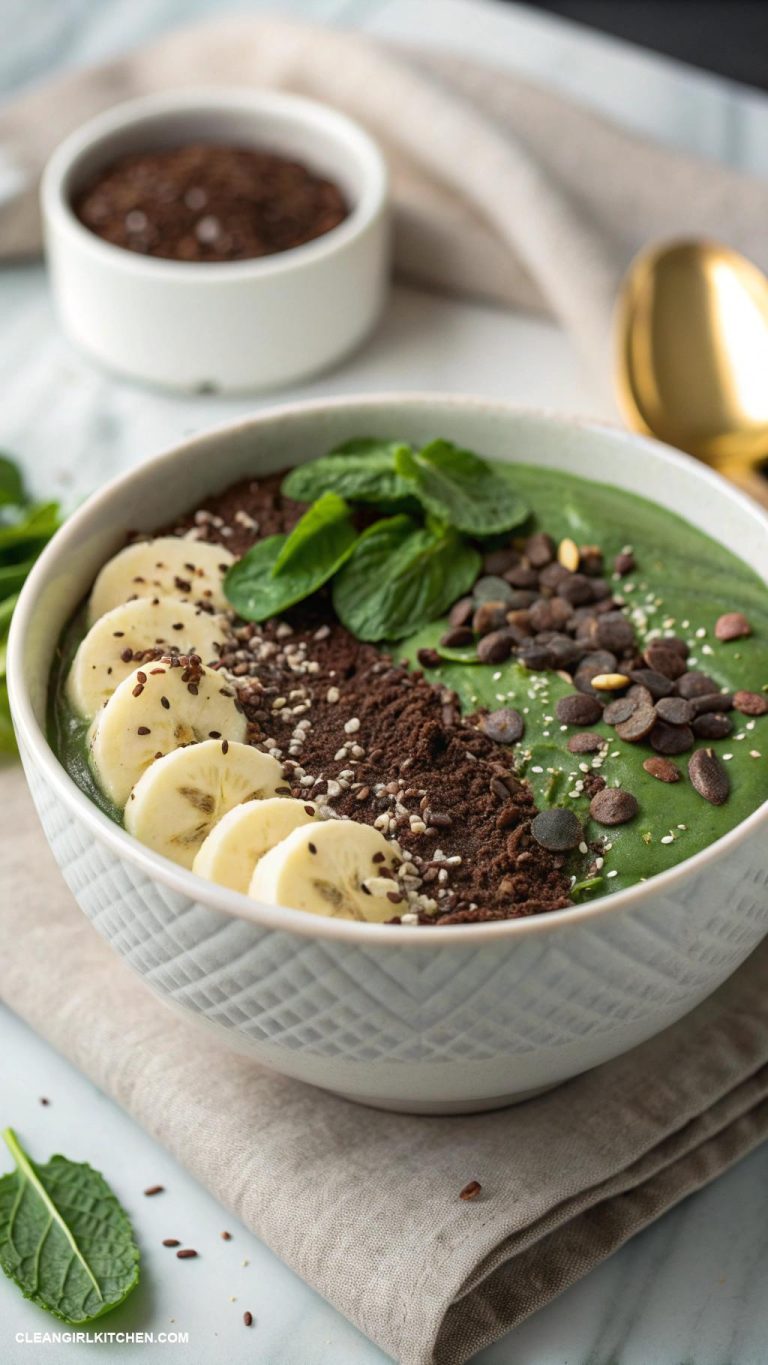 smoothie bowl ideas Choco Mint Revival Blend banana spinach unsweetened cocoa powder and peppermint extract topped with dark chocolate shavings and mint leaves