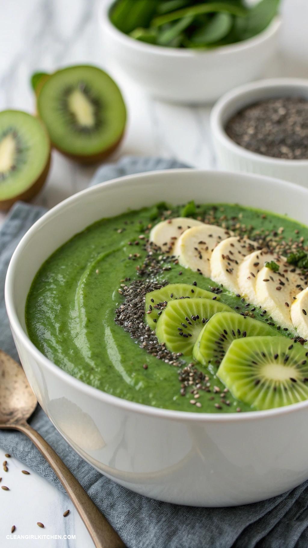 smoothie bowl ideas Green Goddess Blend spinach kale banana avocado and coconut water topped with chia seeds and sliced kiwi