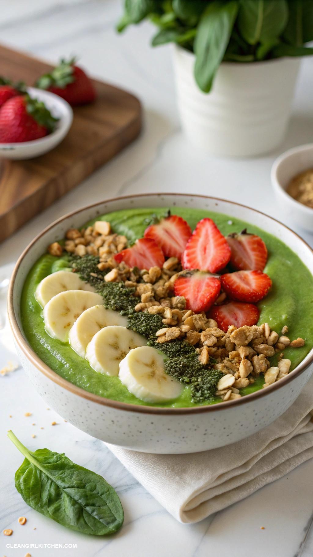 smoothie bowl ideas Matcha Green Bowl Blend banana spinach yogurt and matcha powder topped with granola and sliced strawberries