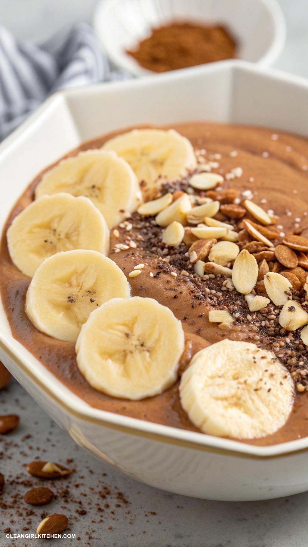 smoothie bowl ideas Peanut Butter Chocolate Dream Blend banana unsweetened cocoa powder almond milk and peanut butter topped with banana slices and crushed almonds
