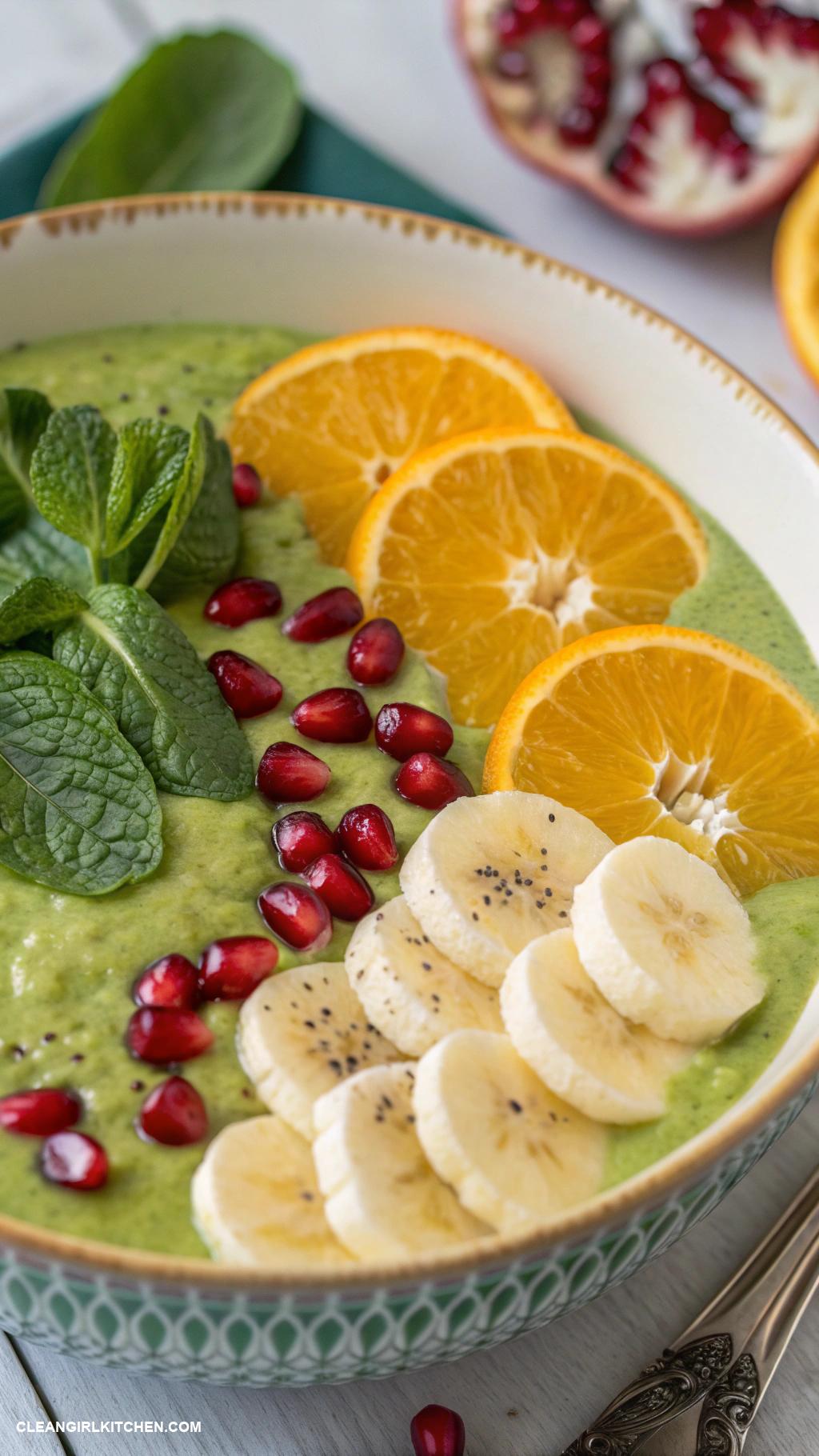 smoothie bowl ideas Refreshing Citrus Burst Blend orange banana spinach and coconut water topped with pomegranate seeds and mint leaves