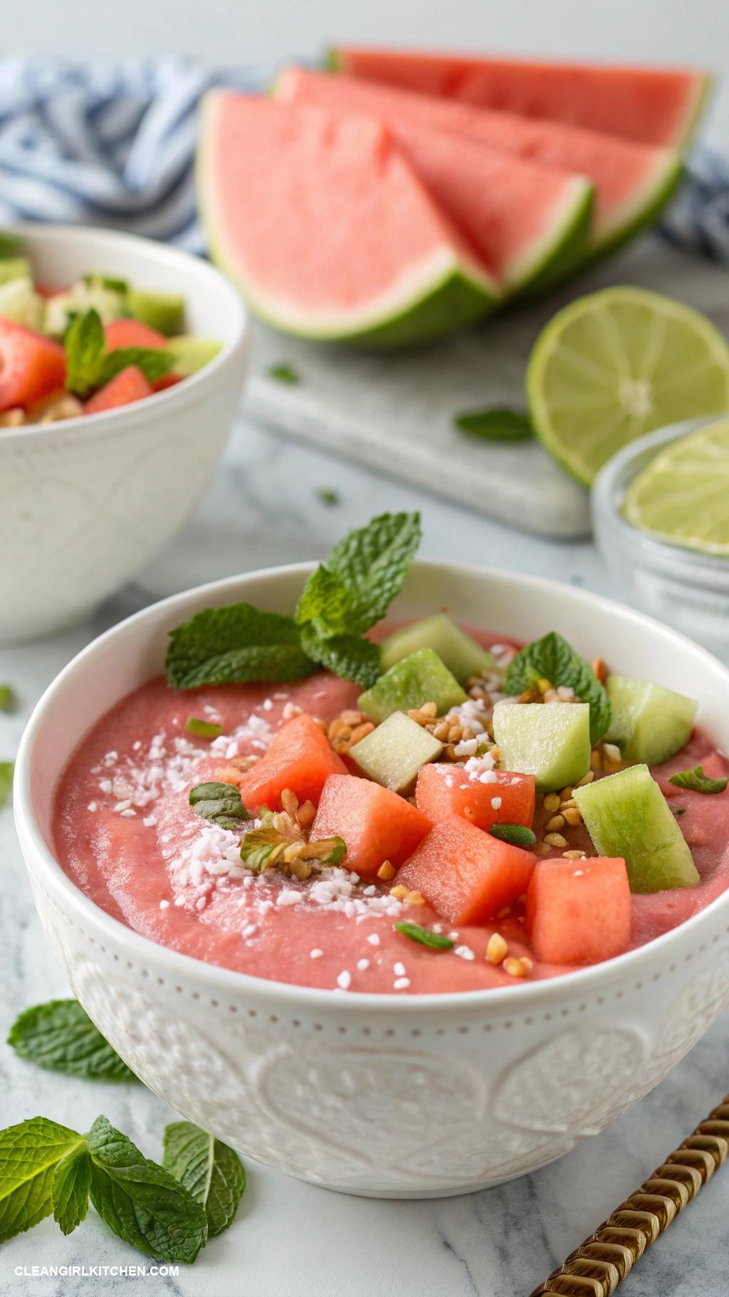smoothie bowl ideas Summer Smoothie Bowl Blend watermelon mint and coconut water topped with diced melon and lime zest