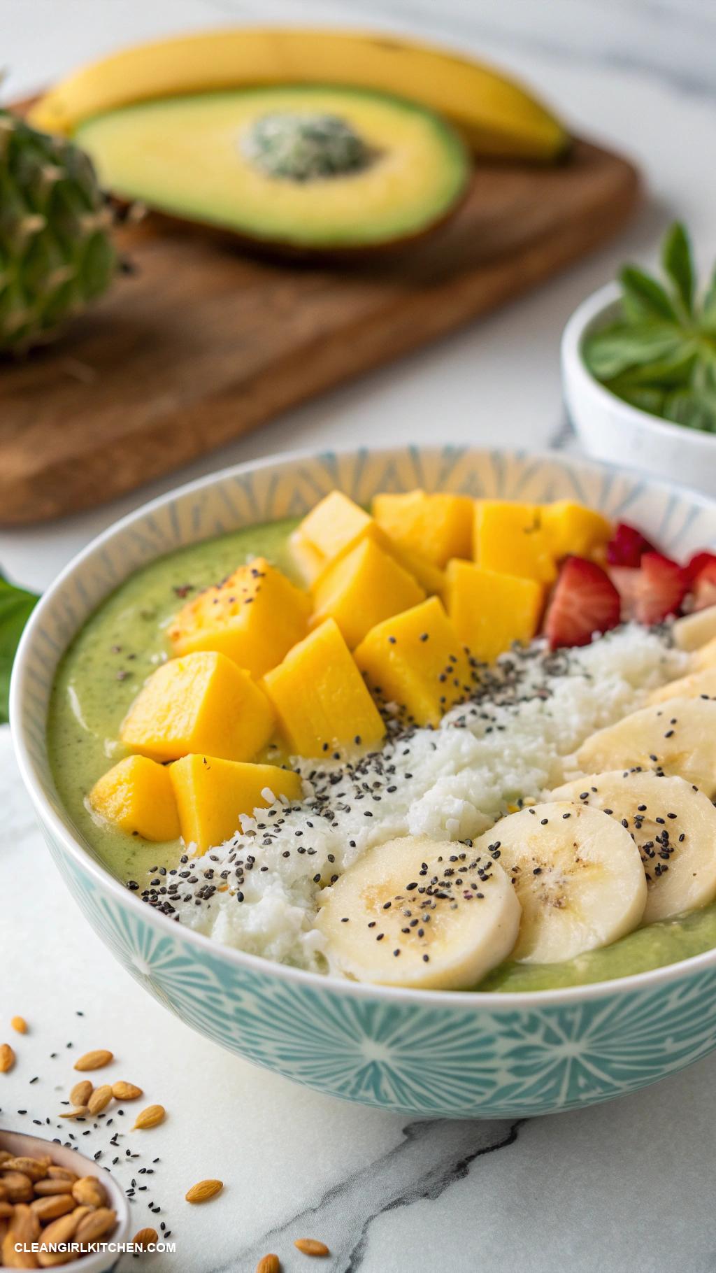 smoothie bowl ideas Tropical Paradise Blend pineapple mango banana and coconut milk topped with shredded coconut and hemp seeds