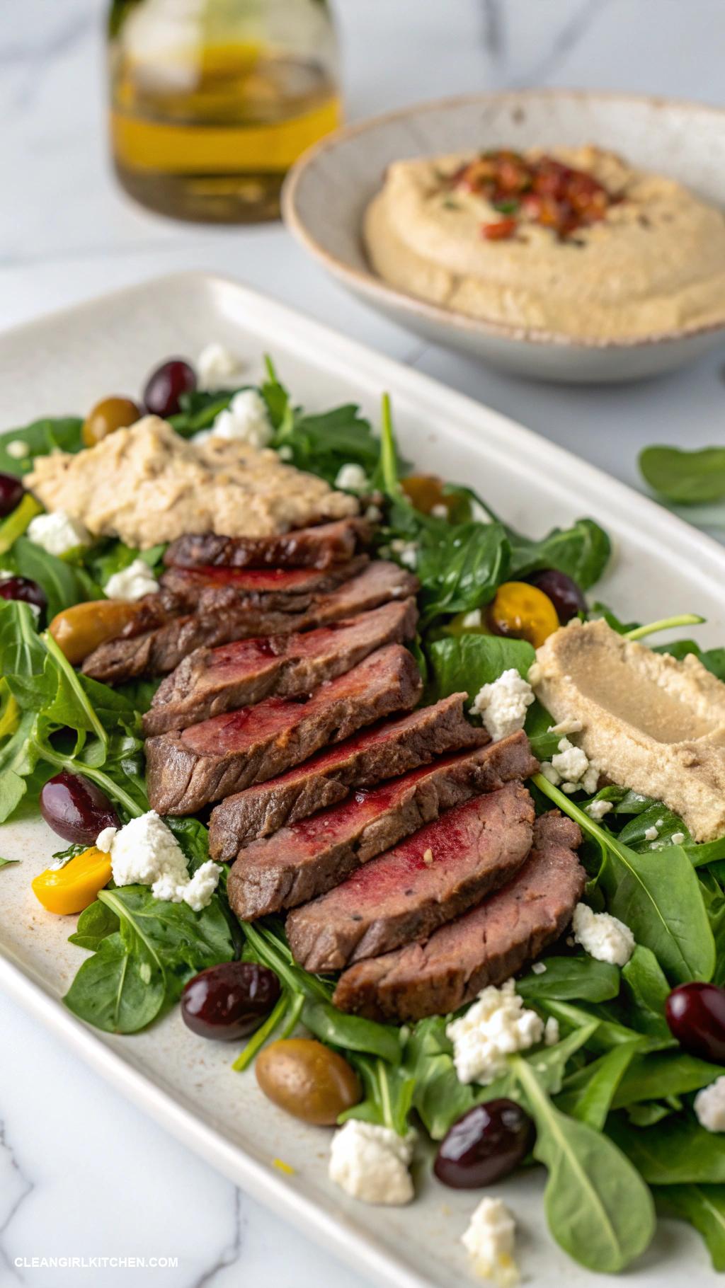 steak salad recipes Mediterranean Steak Salad with Feta Olives and Hummus