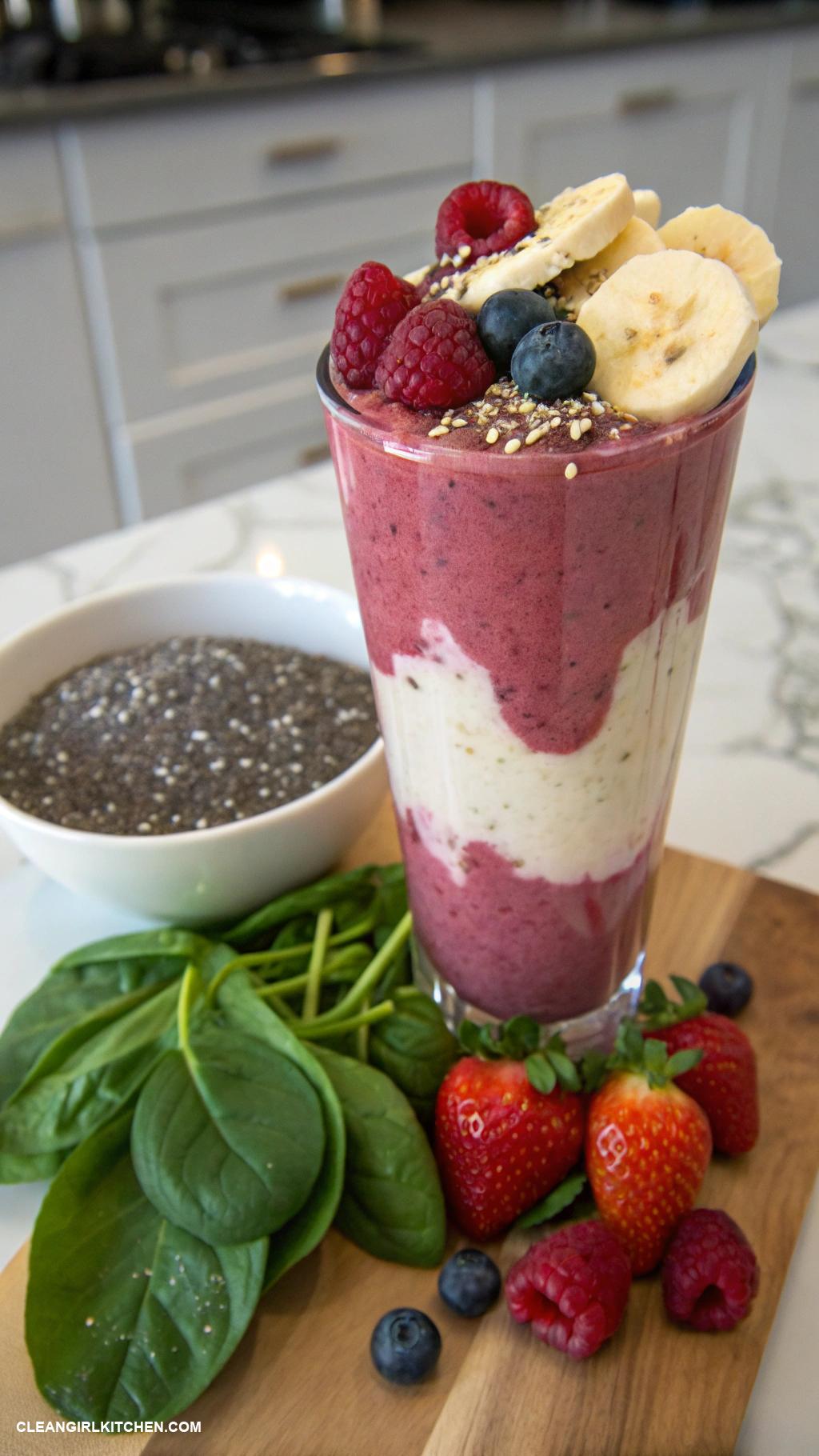 tropical smoothie recipes Banana Berry Bliss Banana mixed berries Greek yogurt and a handful of spinach