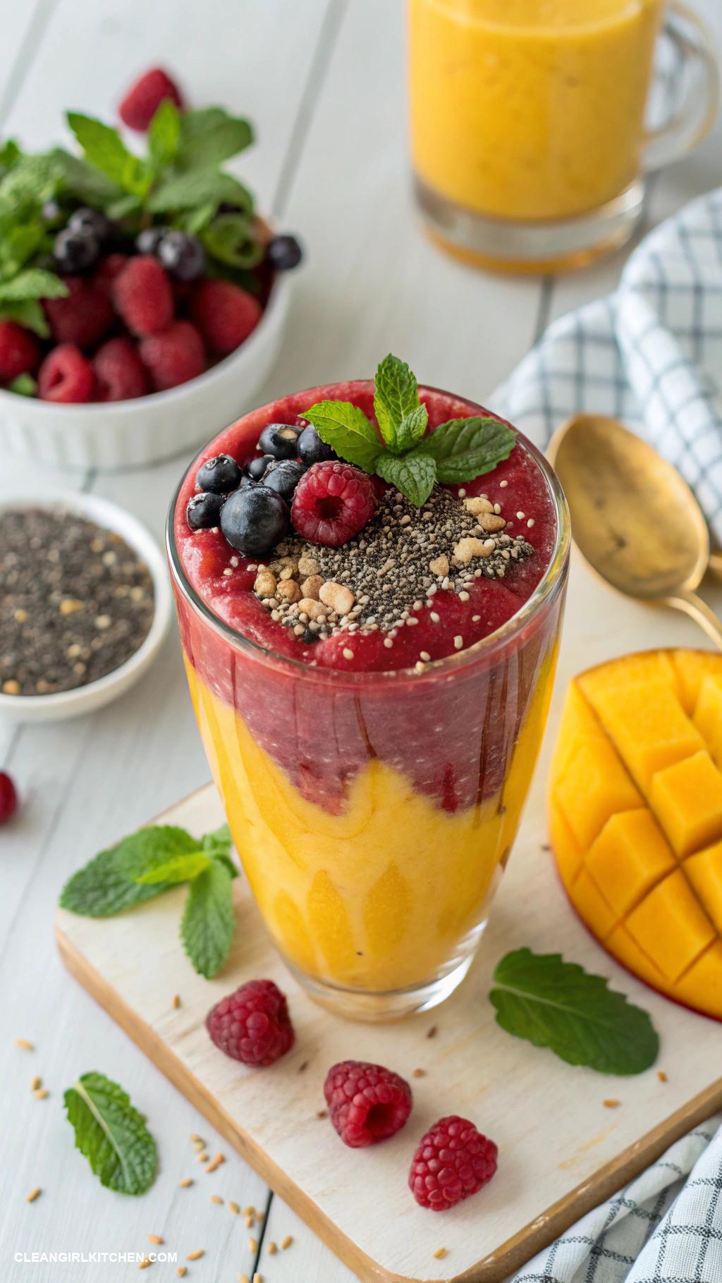 tropical smoothie recipes Berry Mango Tango Mangos mixed berries unsweetened almond milk and a touch of honey