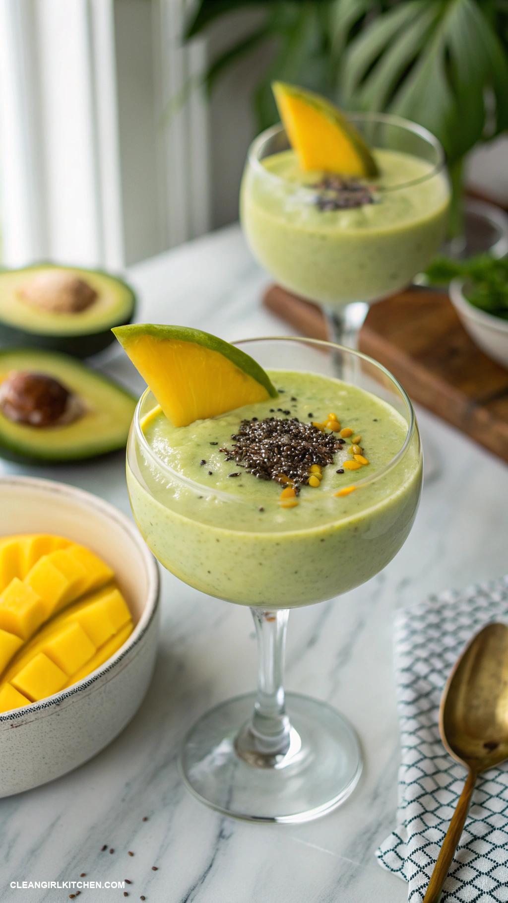 tropical smoothie recipes Mango Avocado Smoothie Mango ripe avocado almond milk and a splash of lime juice