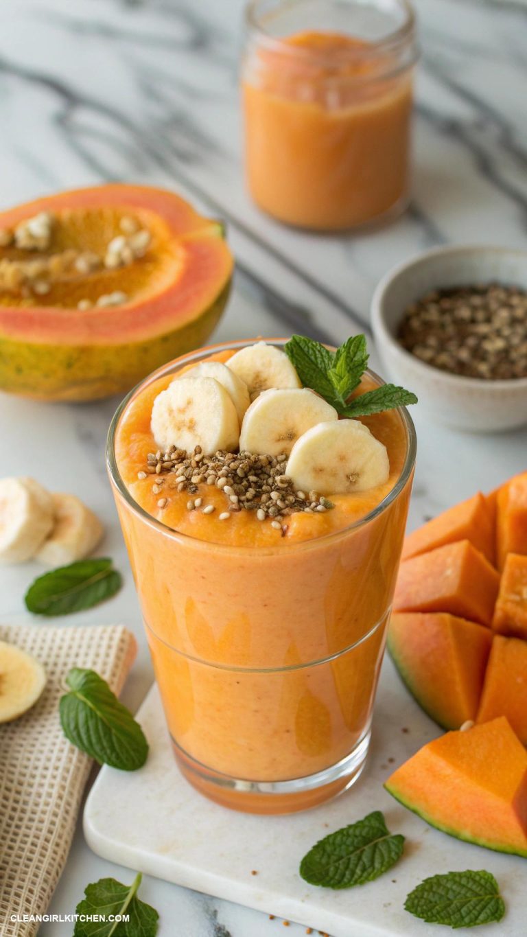 tropical smoothie recipes Papaya Paradise Papaya orange juice banana and a sprinkle of hemp seeds