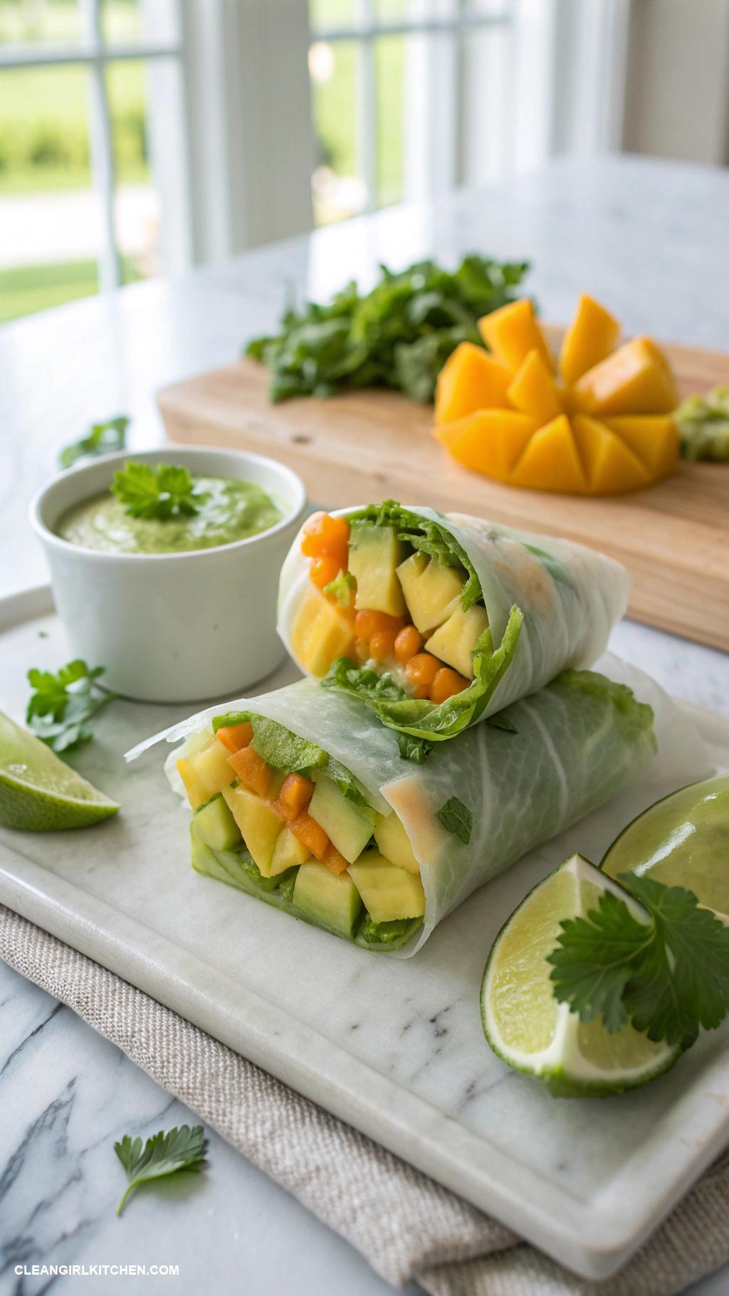 vegan rice paper rolls Avocado and Mango Rice Paper Rolls with Lime Cilantro Dressing