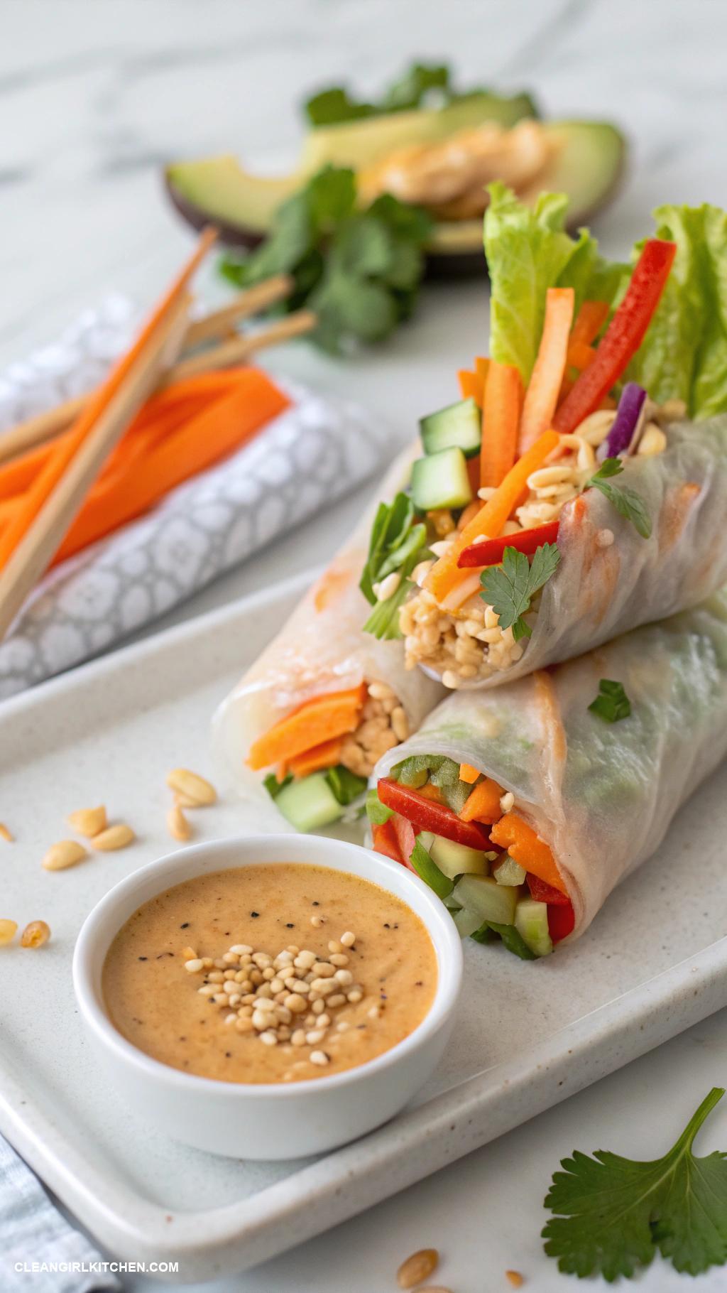 vegan rice paper rolls Classic Vegetable Rice Paper Rolls with Peanut Dipping Sauce