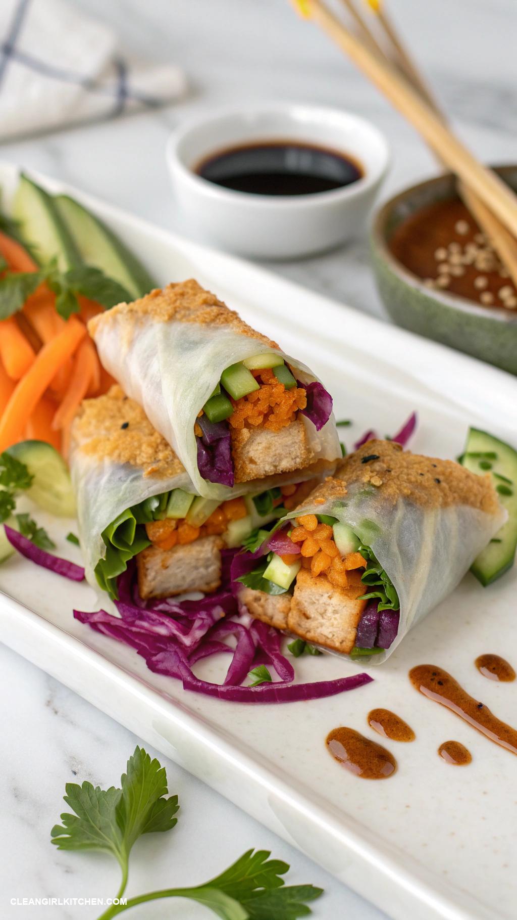 vegan rice paper rolls Crispy Tofu and Rainbow Vegetable Rice Paper Rolls with Soy Sauce