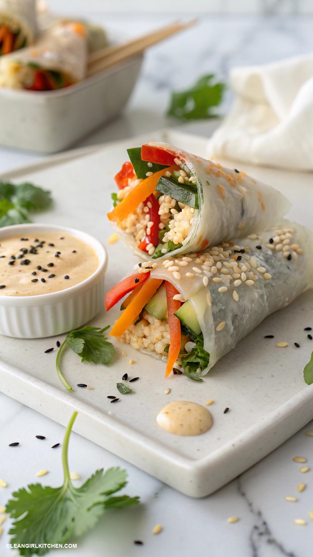 vegan rice paper rolls Quinoa and Roasted Vegetable Rice Paper Rolls with Tahini Dip