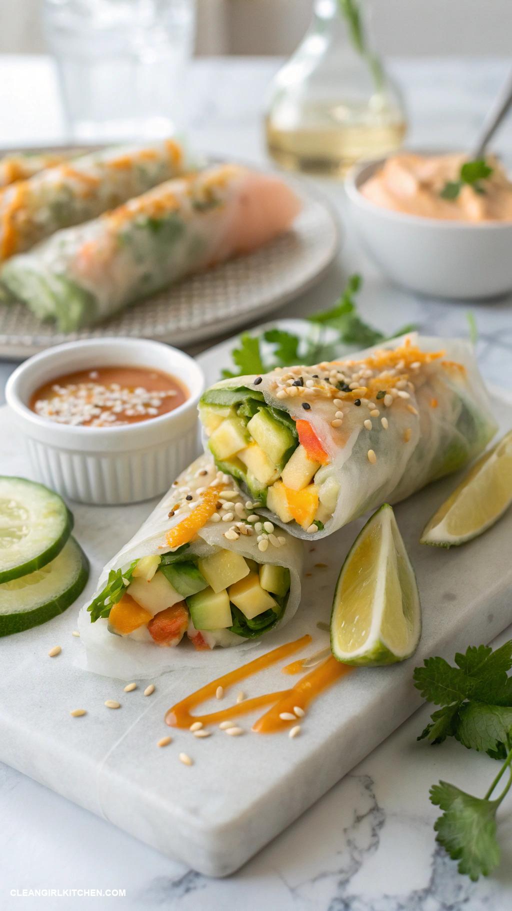 vegan rice paper rolls Spicy Mango and Cucumber Rice Paper Rolls with Sriracha Dip