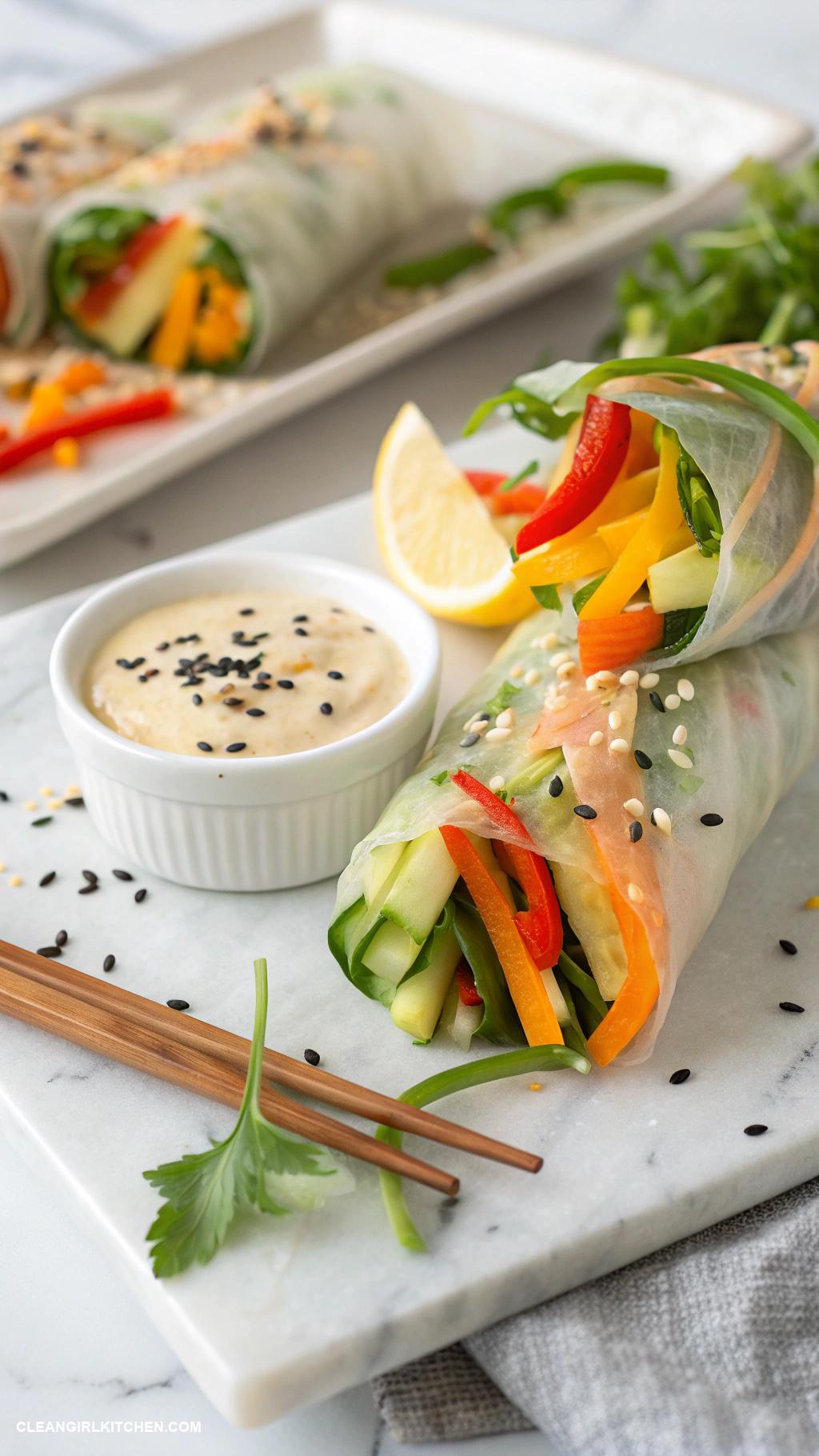 vegan rice paper rolls Zucchini Noodle and Bell Pepper Rice Paper Rolls with Sesame Sauce