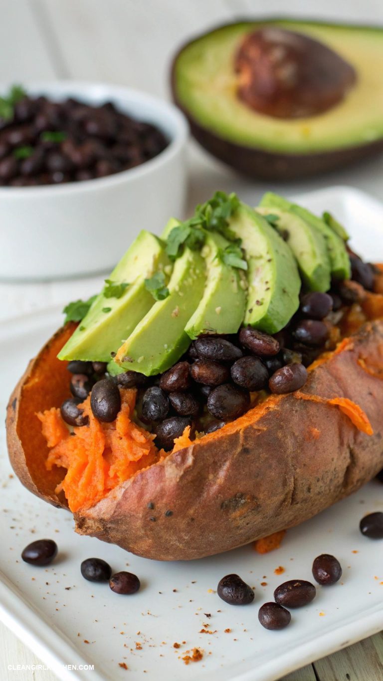 whole foods recipes Baked Sweet Potato with Black Beans and Avocado