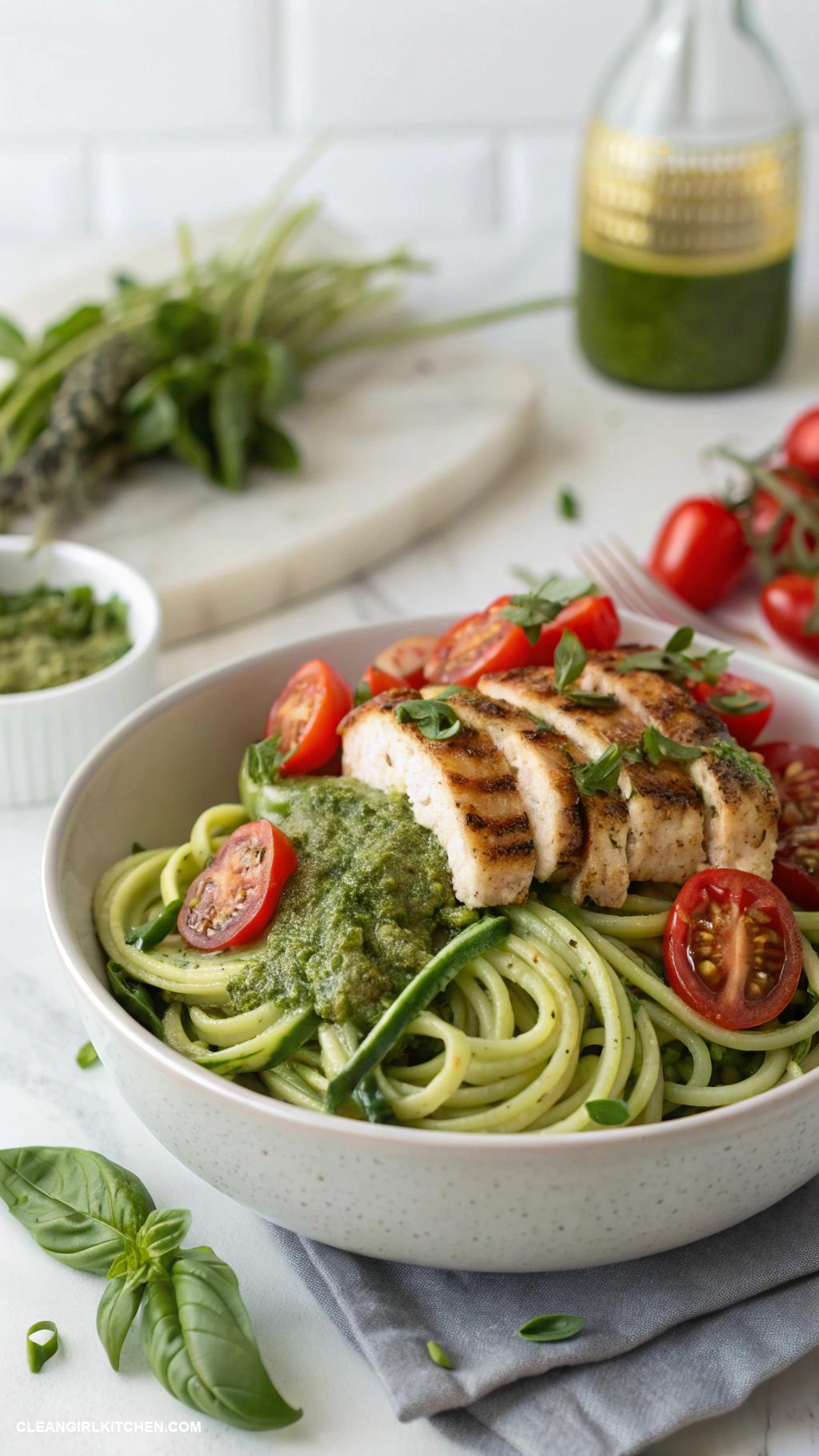 whole foods recipes Zucchini Noodles with Pesto and Grilled Chicken