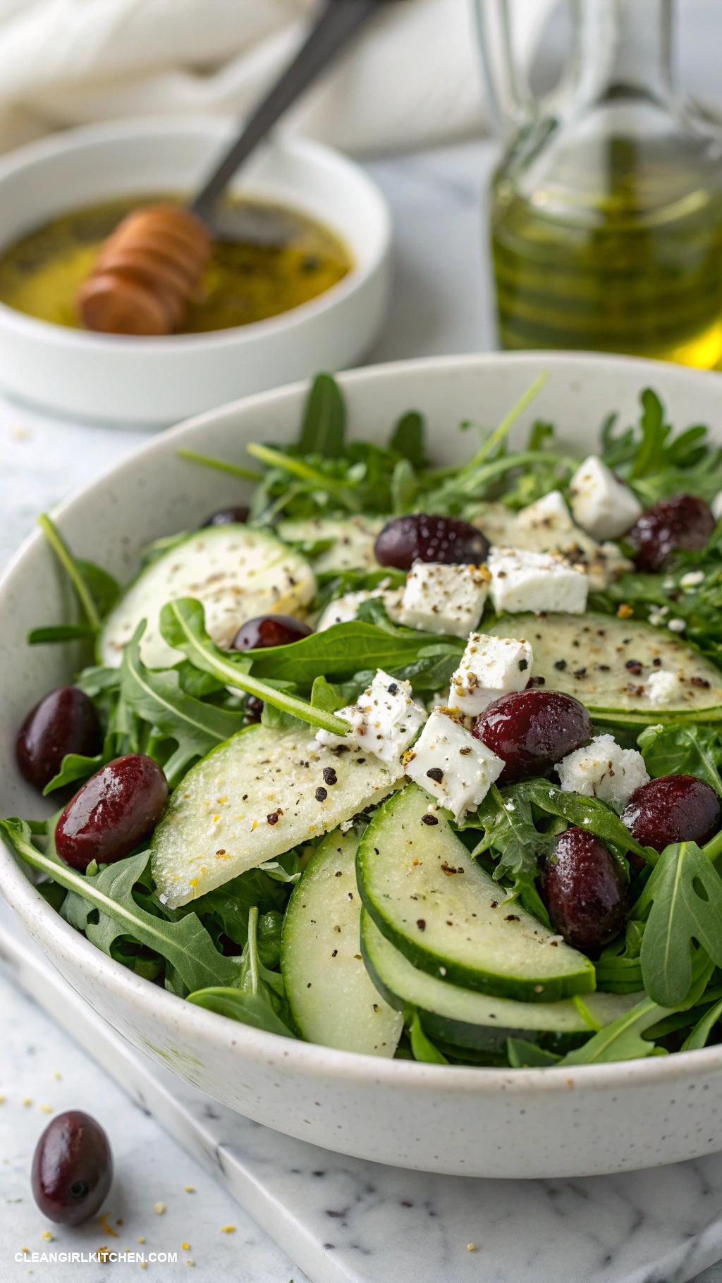arugula salad recipes Mediterranean Arugula Salad with Cucumber Feta and Kalamata Olives