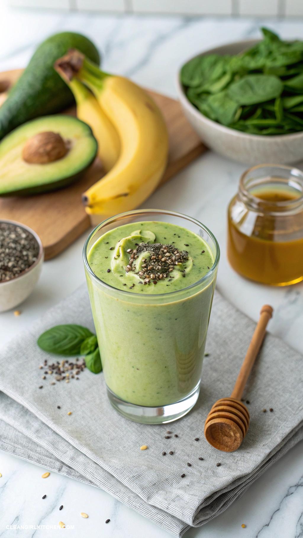 banana smoothie recipes Banana Avocado Smoothie Blend 1 banana 12 ripe avocado 1 cup spinach 1 cup almond milk and honey to taste