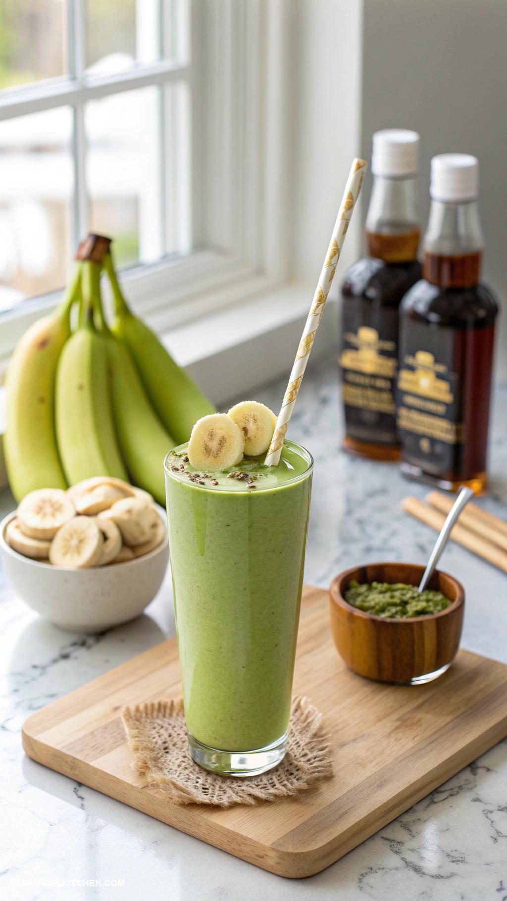 banana smoothie recipes Banana Matcha Smoothie Blend 1 banana 1 teaspoon matcha powder 1 cup almond milk and a tablespoon of maple syrup
