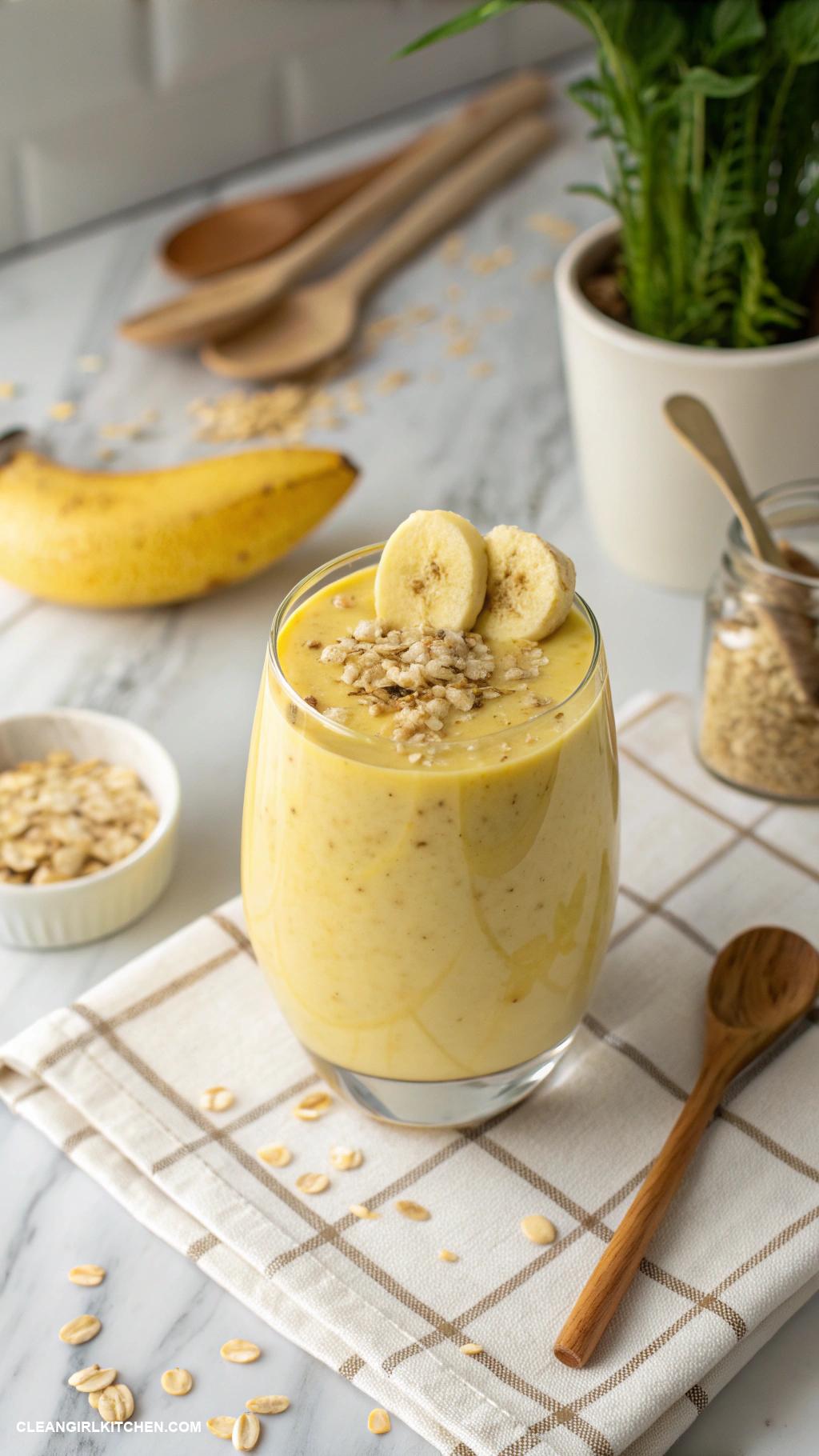 banana smoothie recipes Banana Oatmeal Smoothie Blend 1 banana 12 cup rolled oats 1 cup almond milk and a dash of vanilla extract