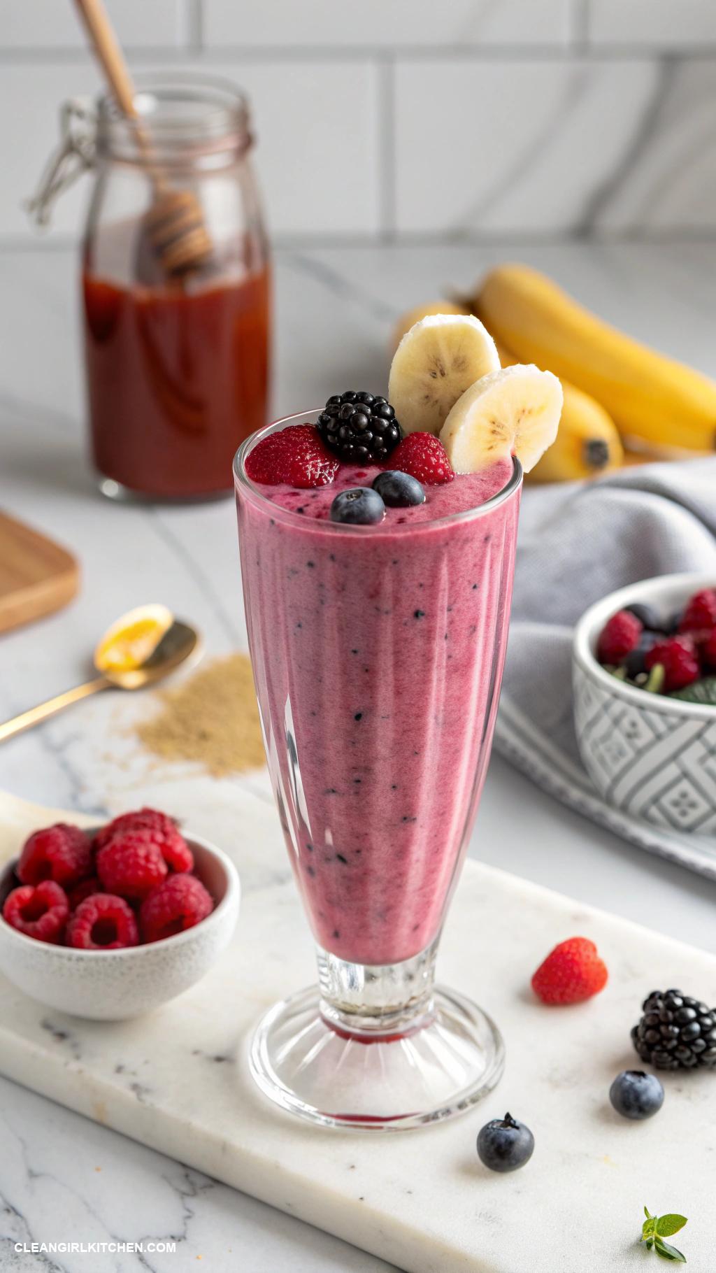 banana smoothie recipes Berry Banana Smoothie Blend 1 banana 1 cup mixed berries fresh or frozen 1 cup Greek yogurt and a splash of honey
