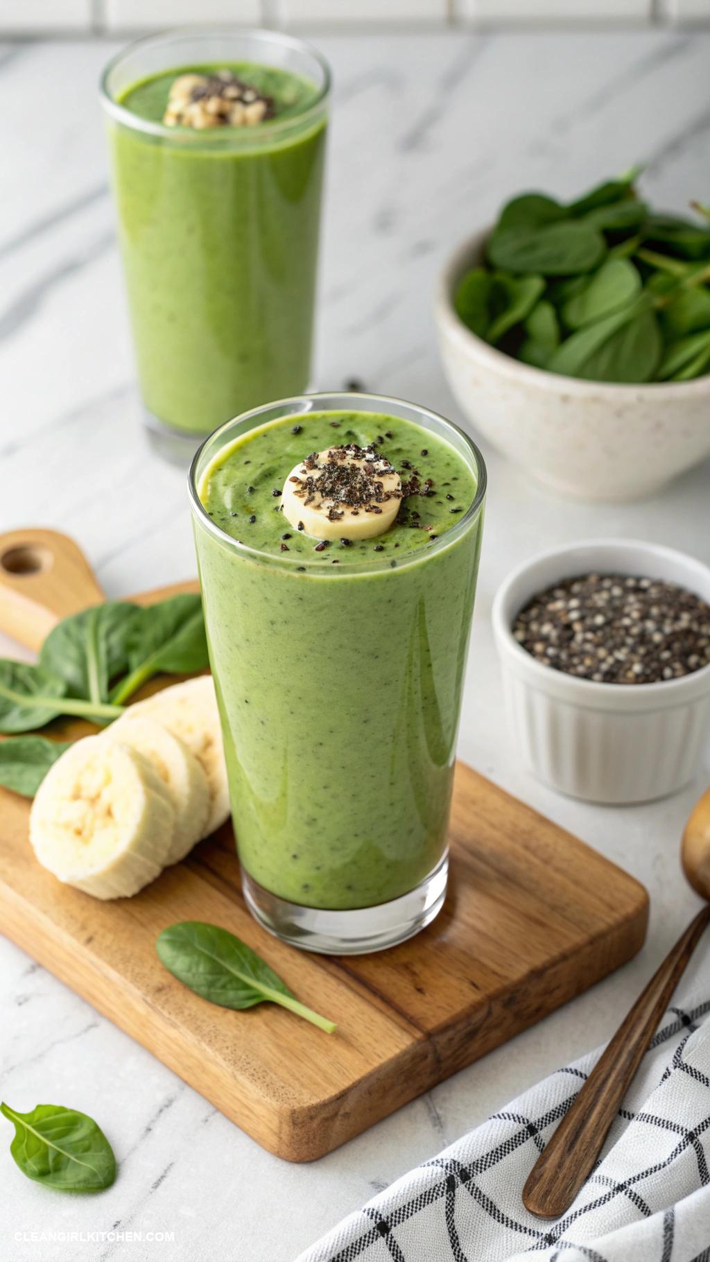 banana smoothie recipes Green Banana Smoothie Blend 1 banana 1 cup spinach 1 cup coconut water and 1 tablespoon chia seeds