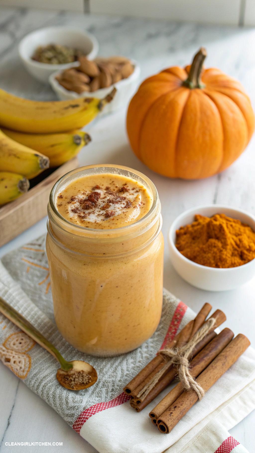banana smoothie recipes Pumpkin Banana Smoothie Blend 1 banana 12 cup pumpkin puree 1 cup coconut milk and spices cinnamon nutmeg